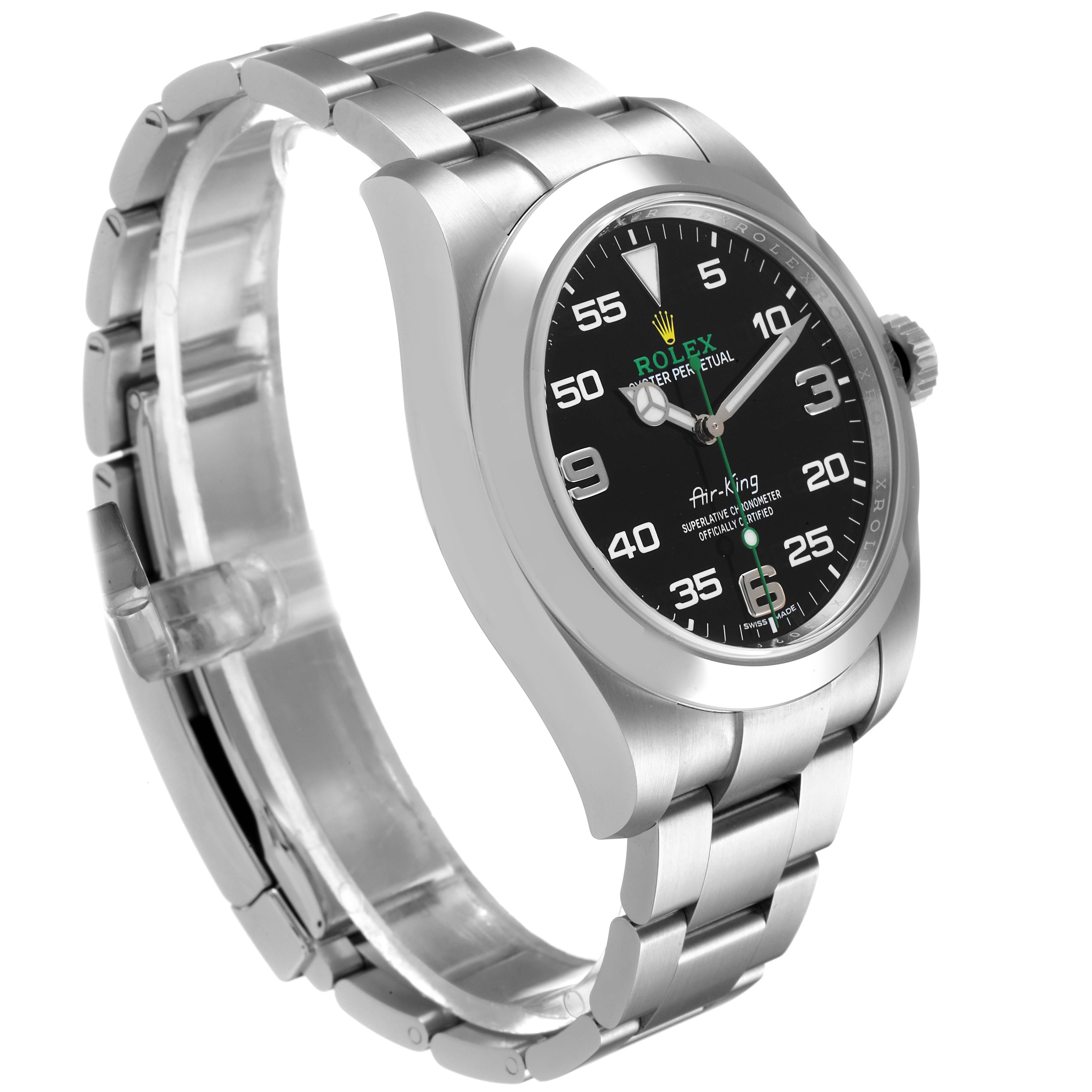 This image shows a Rolex Air-King 116900 Men's Stainless Steel Black Dial 116900 Men's Stainless Steel Black Dial watch at a three-quarter angle, highlighting the face, bezel, and bracelet.