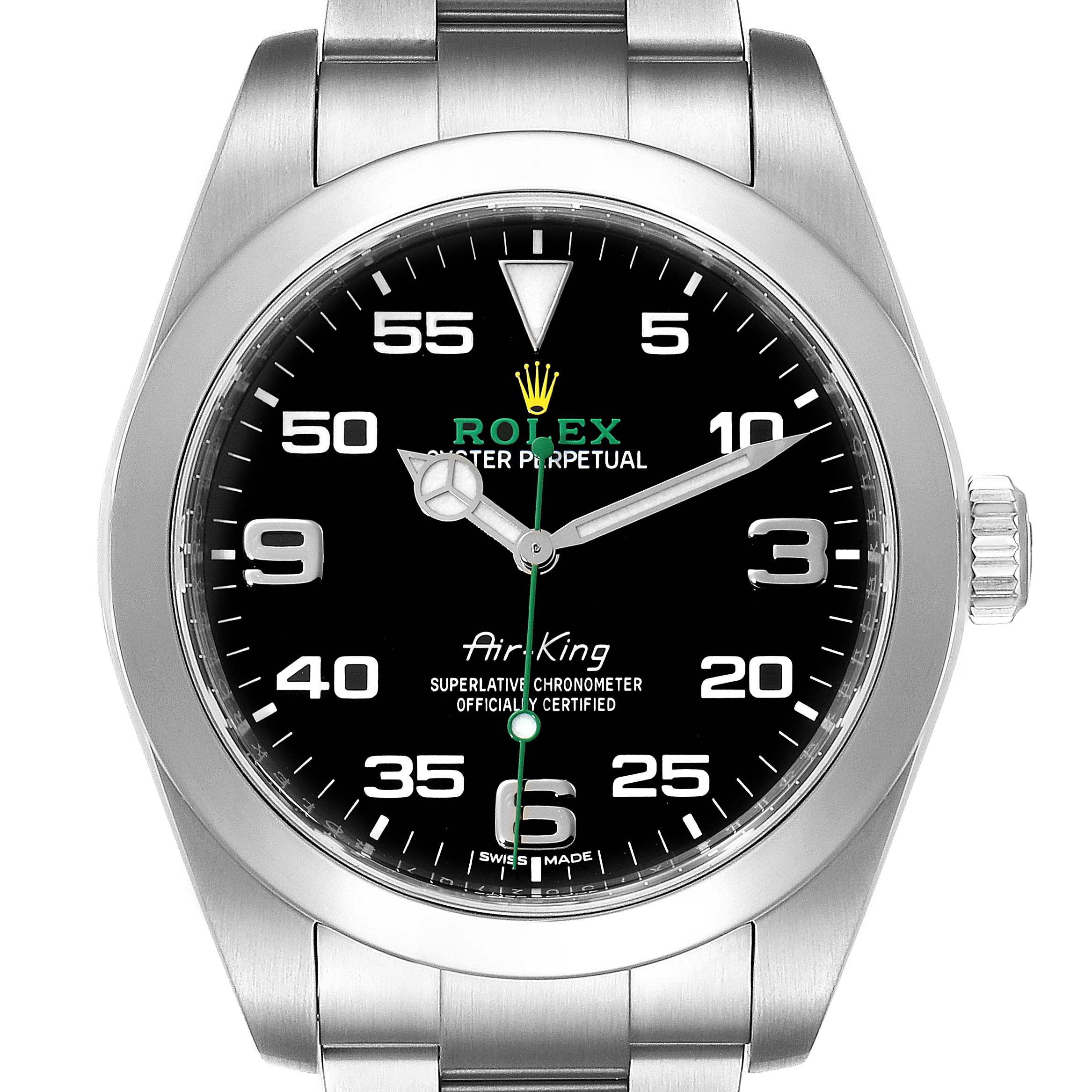 The image shows a front view of a Rolex Air-King 116900 Men's Stainless Steel Black Dial 116900 Men's Stainless Steel Black Dial watch displaying its face, dial, and part of the bracelet.