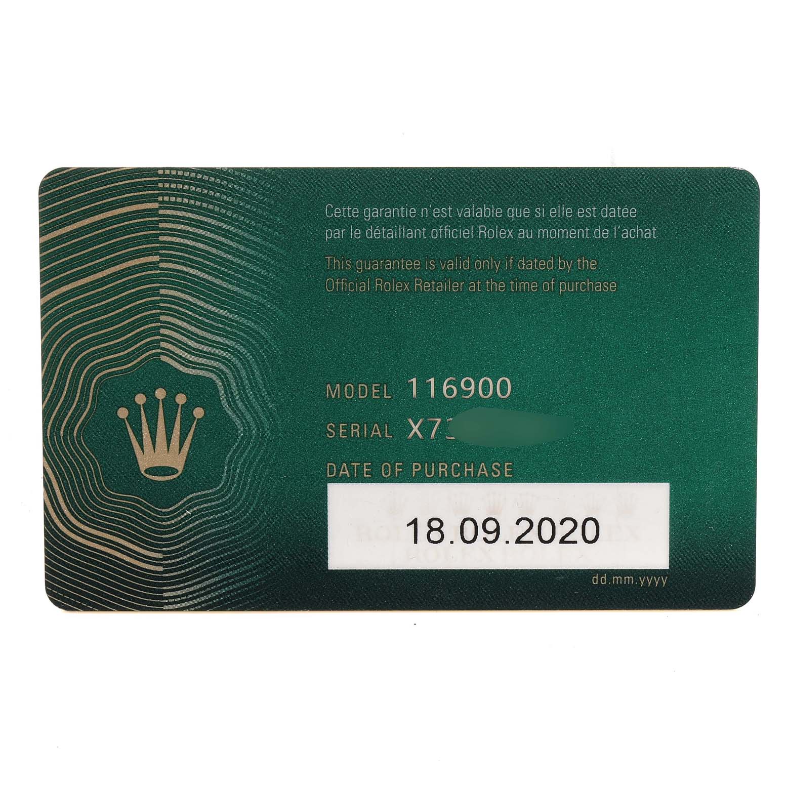 This image shows the warranty card for a Rolex Air-King 116900 Men's Stainless Steel Black Dial 116900 Men's Stainless Steel Black Dial model 116900 with a purchase date of 18.09.2020.