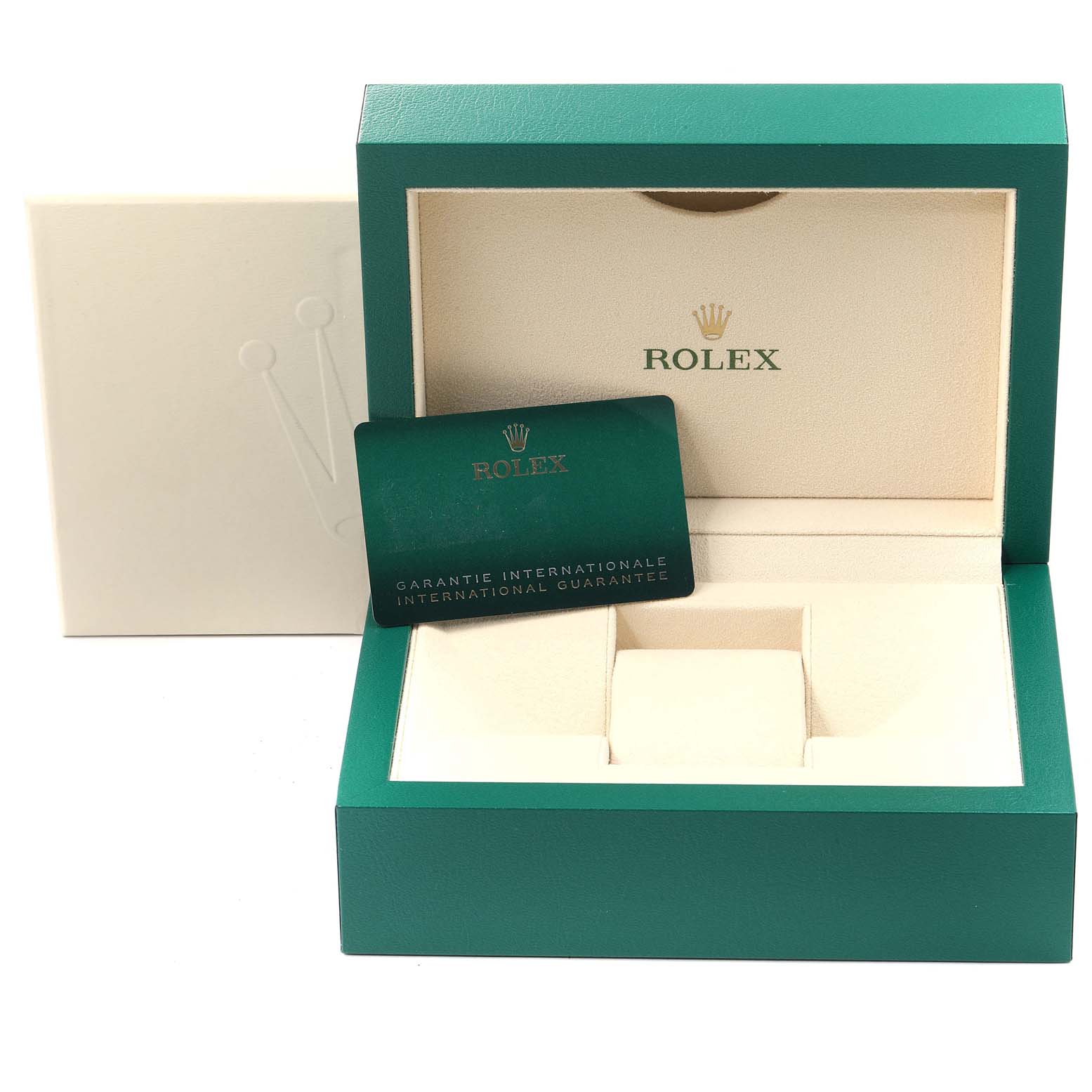 The image shows the open box with the guarantee card for the Rolex Air-King 116900 Men's Stainless Steel Black Dial 116900 Men's Stainless Steel Black Dial watch.
