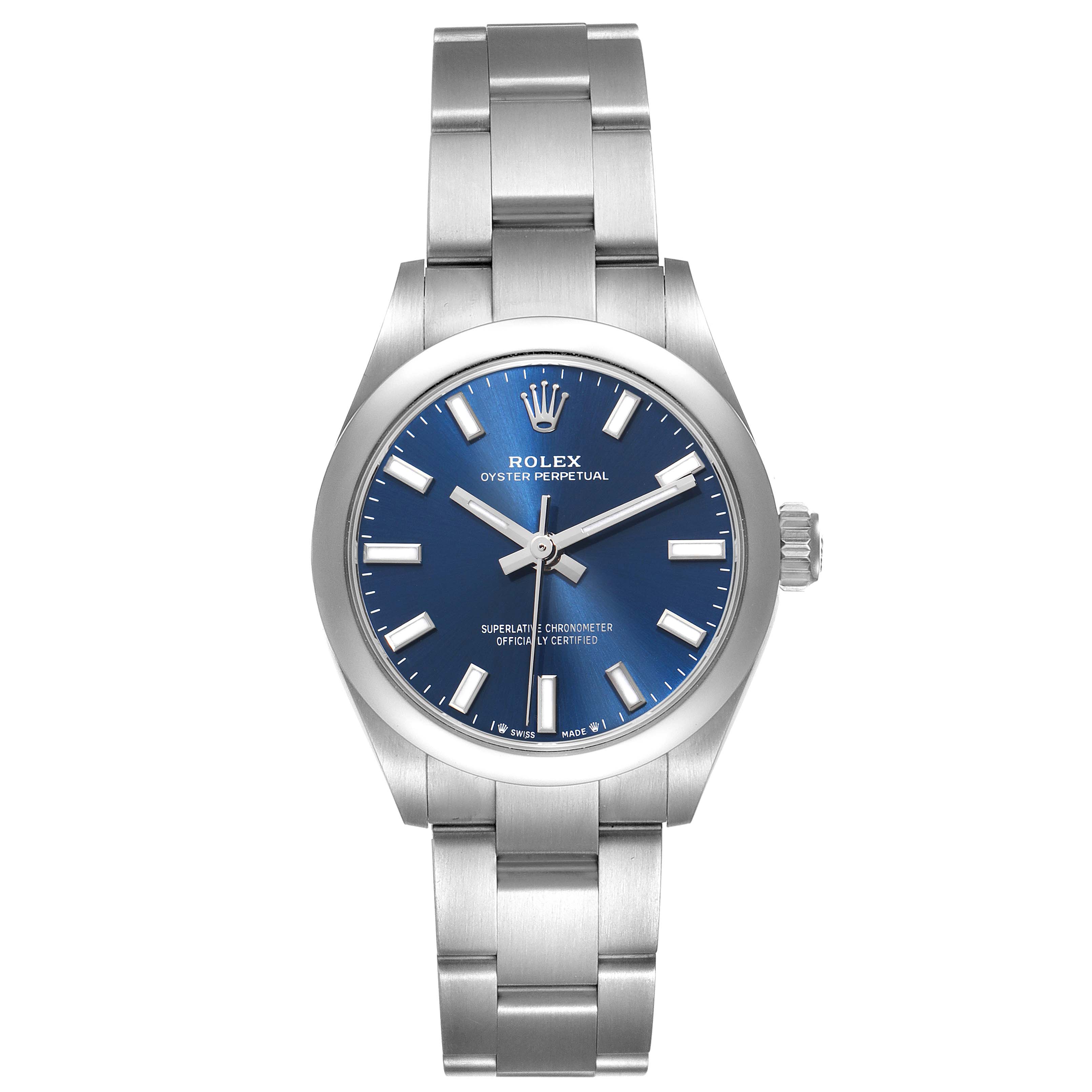 The Rolex Oyster Perpetual 276200 Women
s Stainless Steel Blue Dial 276200 Women
s Stainless Steel Blue Dial watch is shown from a front angle, displaying the dial, case, bracelet, and crown.
