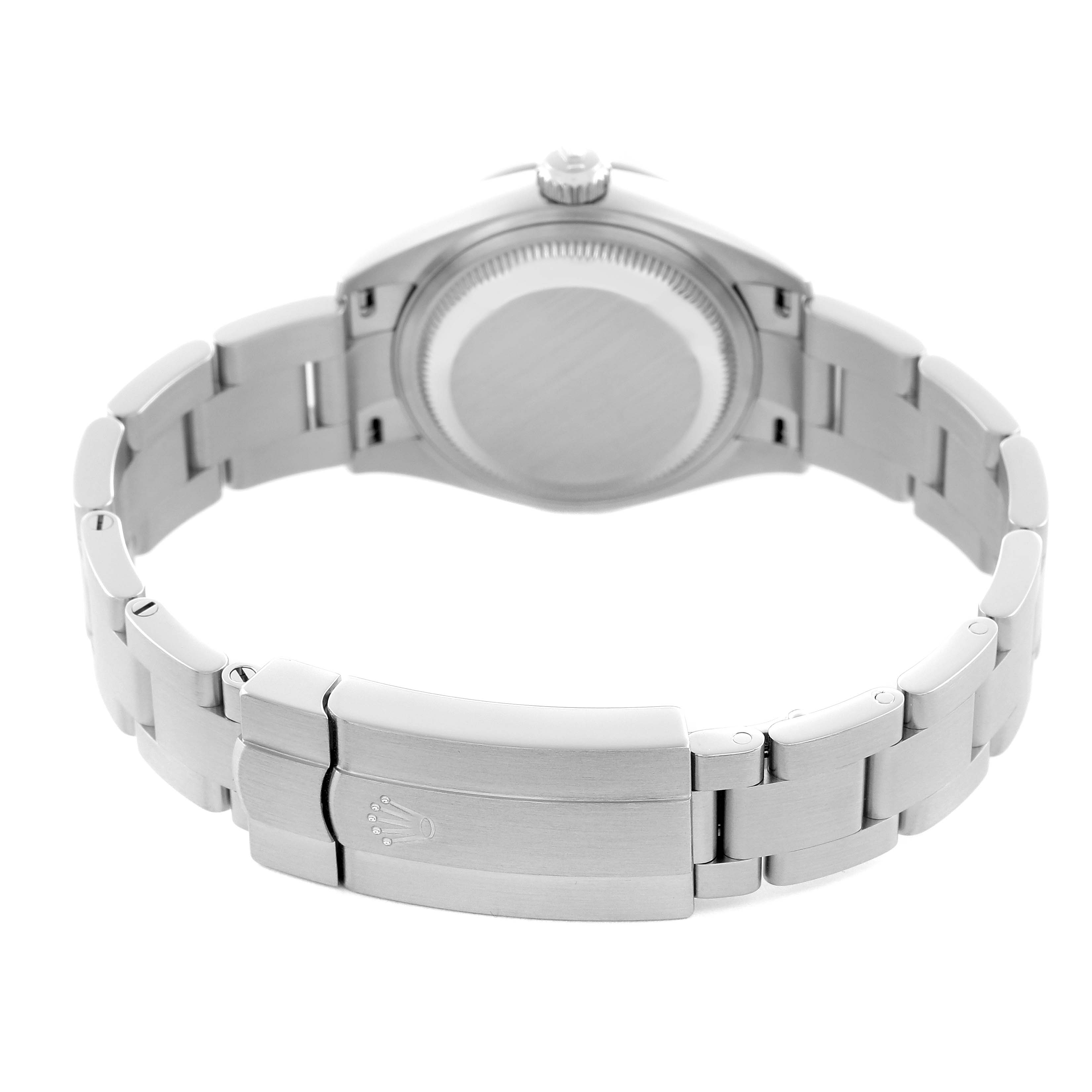 The image shows the back and bracelet clasp of a Rolex Oyster Perpetual 276200 Women
s Stainless Steel Blue Dial 276200 Women
s Stainless Steel Blue Dial watch, viewed from the rear.