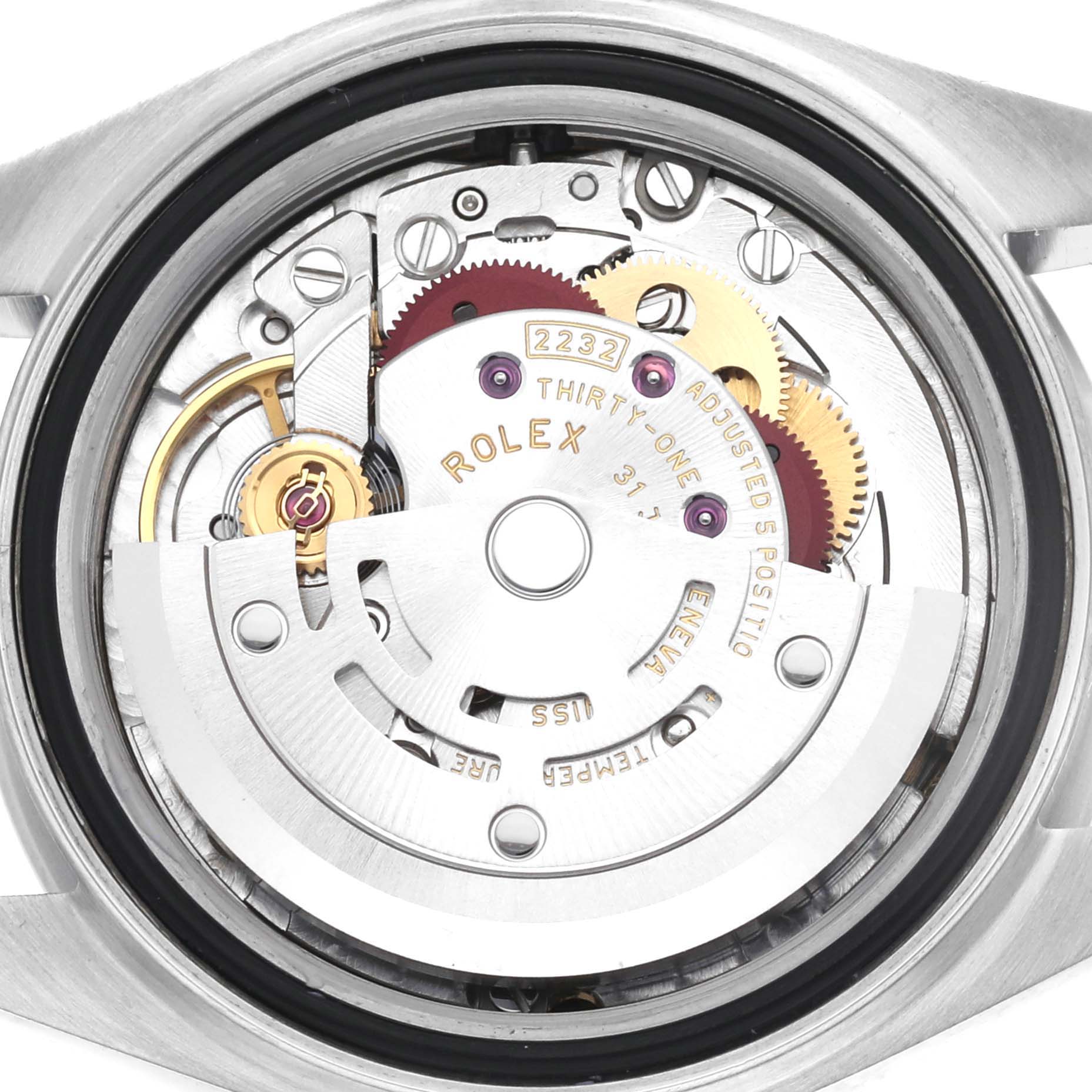 The image shows the case back of a Rolex Oyster Perpetual 276200 Women
s Stainless Steel Blue Dial 276200 Women
s Stainless Steel Blue Dial, revealing its intricate movement and gears.