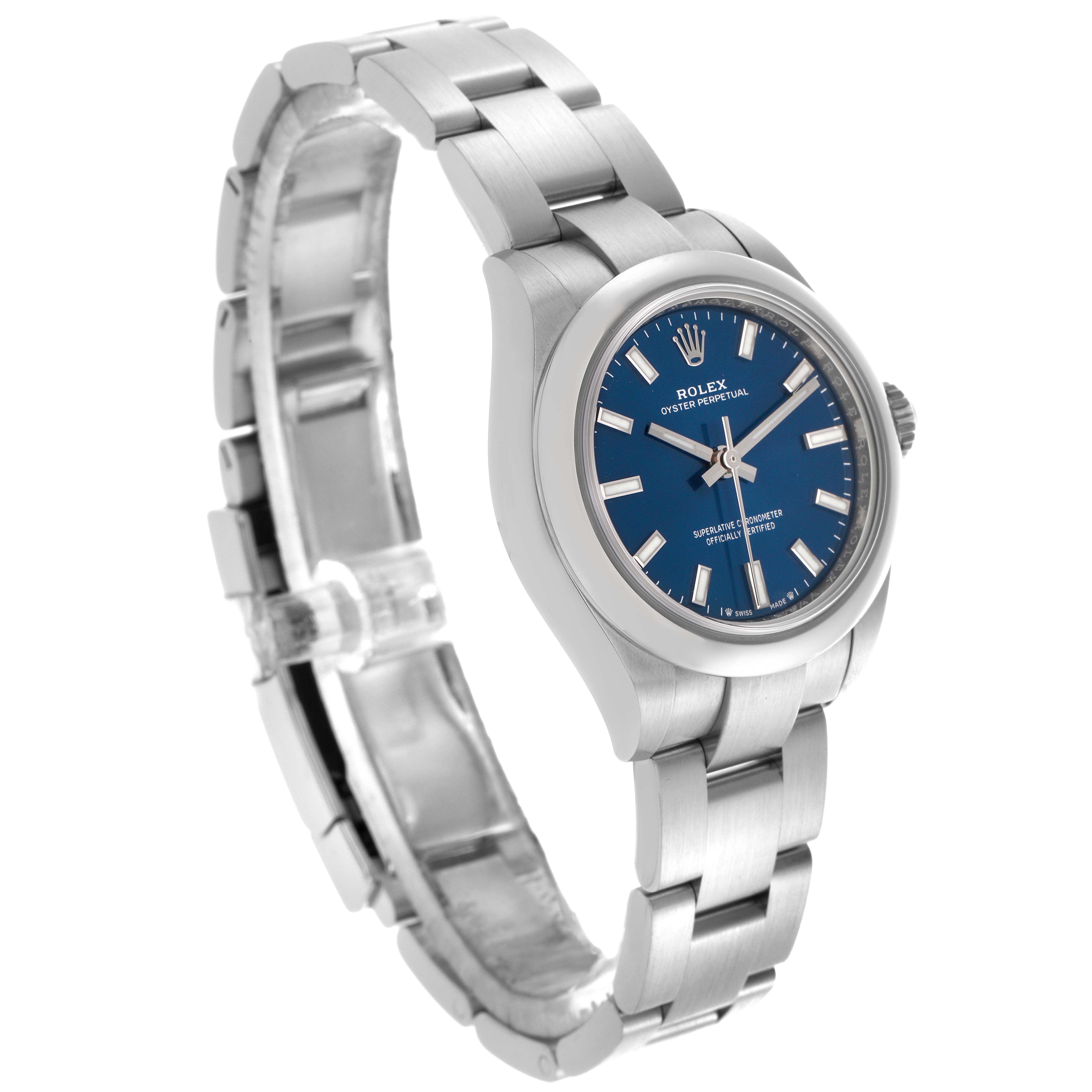 The Rolex Oyster Perpetual 276200 Women
s Stainless Steel Blue Dial 276200 Women
s Stainless Steel Blue Dial watch is shown from a side angle, highlighting the bracelet, dial, and case.