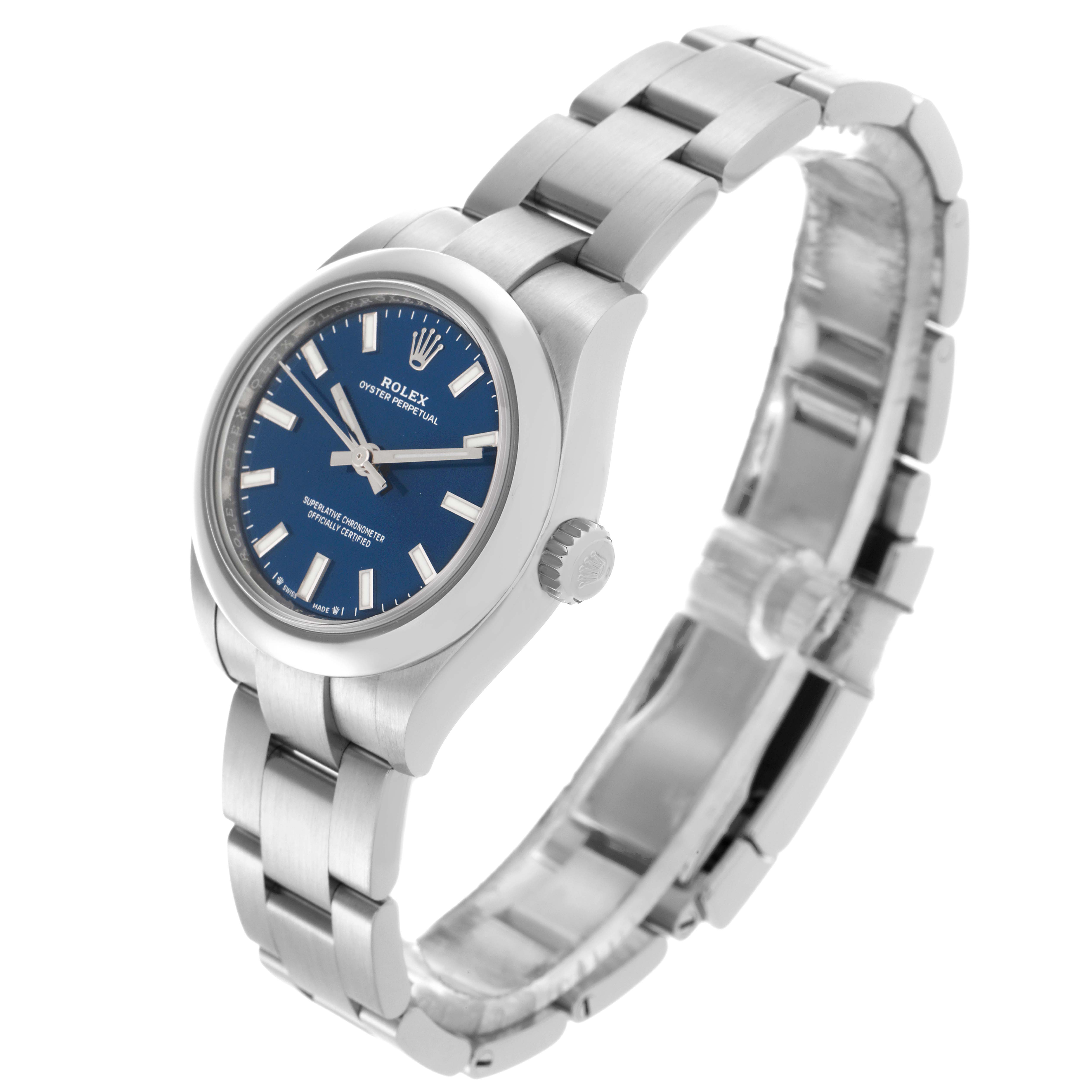 The Rolex Oyster Perpetual 276200 Women
s Stainless Steel Blue Dial 276200 Women
s Stainless Steel Blue Dial watch is shown at a three-quarter angle, displaying the face, bezel, crown, and part of the bracelet.