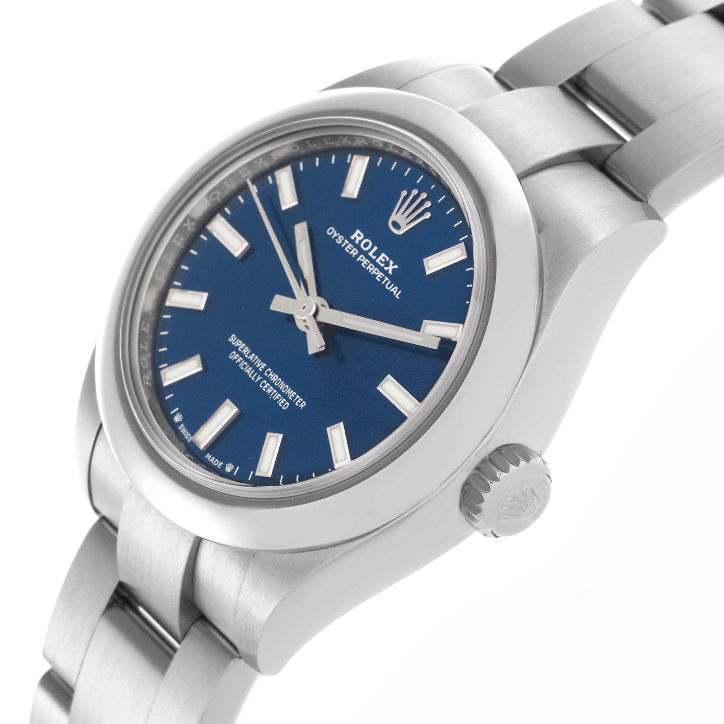The Rolex Oyster Perpetual 276200 Women
s Stainless Steel Blue Dial 276200 Women
s Stainless Steel Blue Dial watch is shown at an angle highlighting the dial, case side, crown, and part of the bracelet.