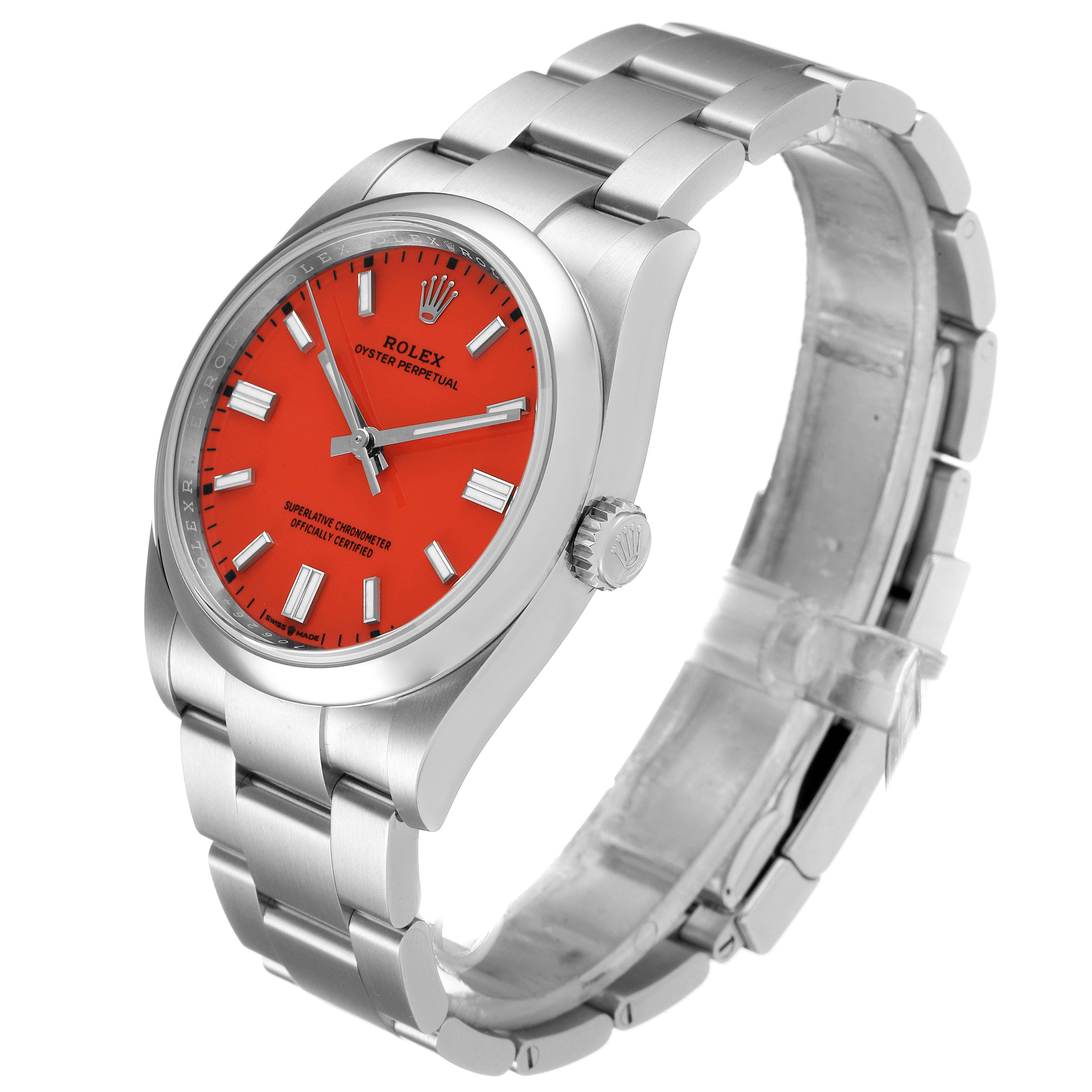 This image shows a Rolex Oyster Perpetual 126000 Men's Stainless Steel Red Dial 126000 Men's Stainless Steel Red Dial watch at an angle revealing the face, bezel, crown, and bracelet.