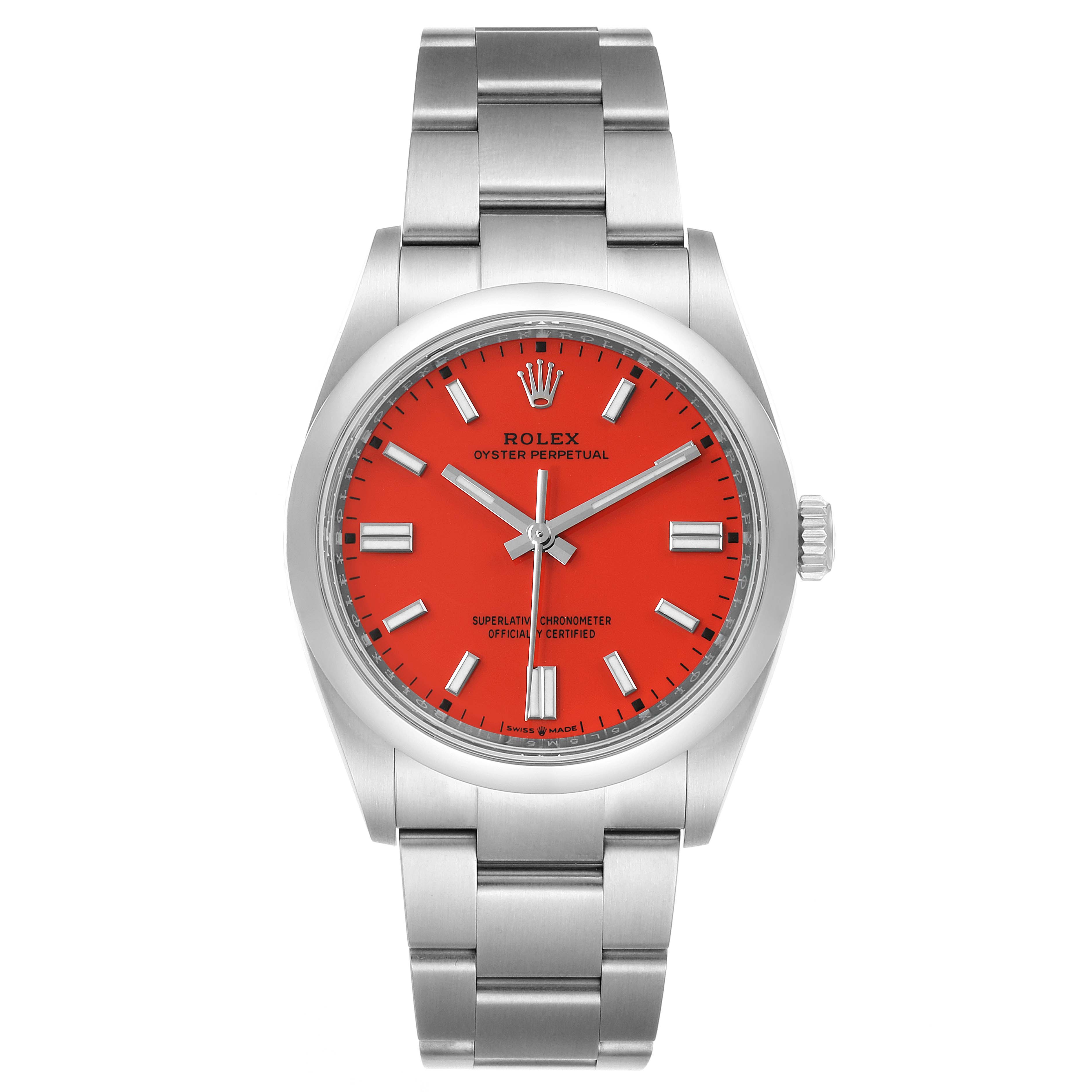 This image shows the front view of a Rolex Oyster Perpetual 126000 Men's Stainless Steel Red Dial 126000 Men's Stainless Steel Red Dial watch with a red dial and silver bracelet.