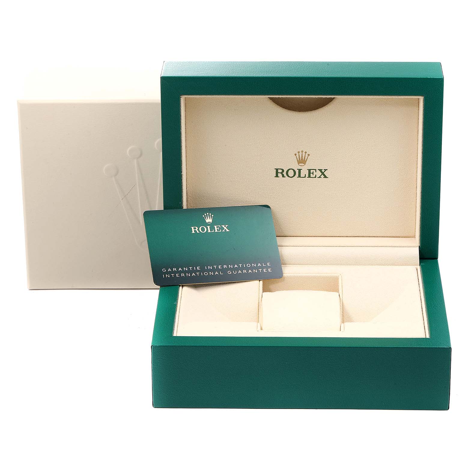 The image shows an open Rolex Oyster Perpetual 126000 Men's Stainless Steel Red Dial 126000 Men's Stainless Steel Red Dial watch box, with a guarantee card placed inside.