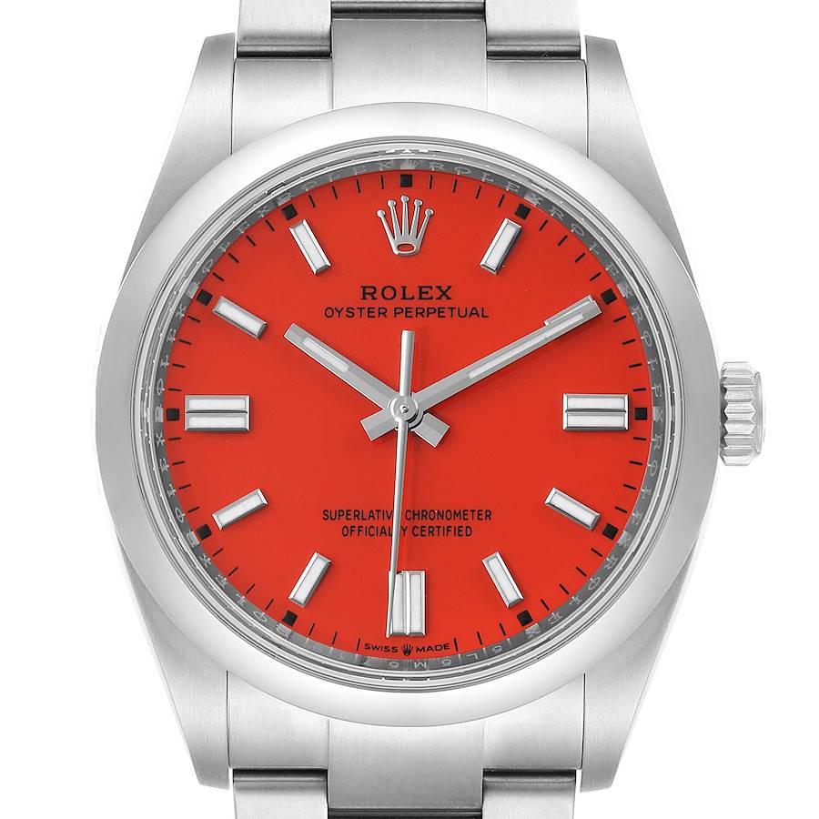 Rolex Oyster Perpetual Coral Red Dial Steel Mens Watch 126000 Unworn SwissWatchExpo