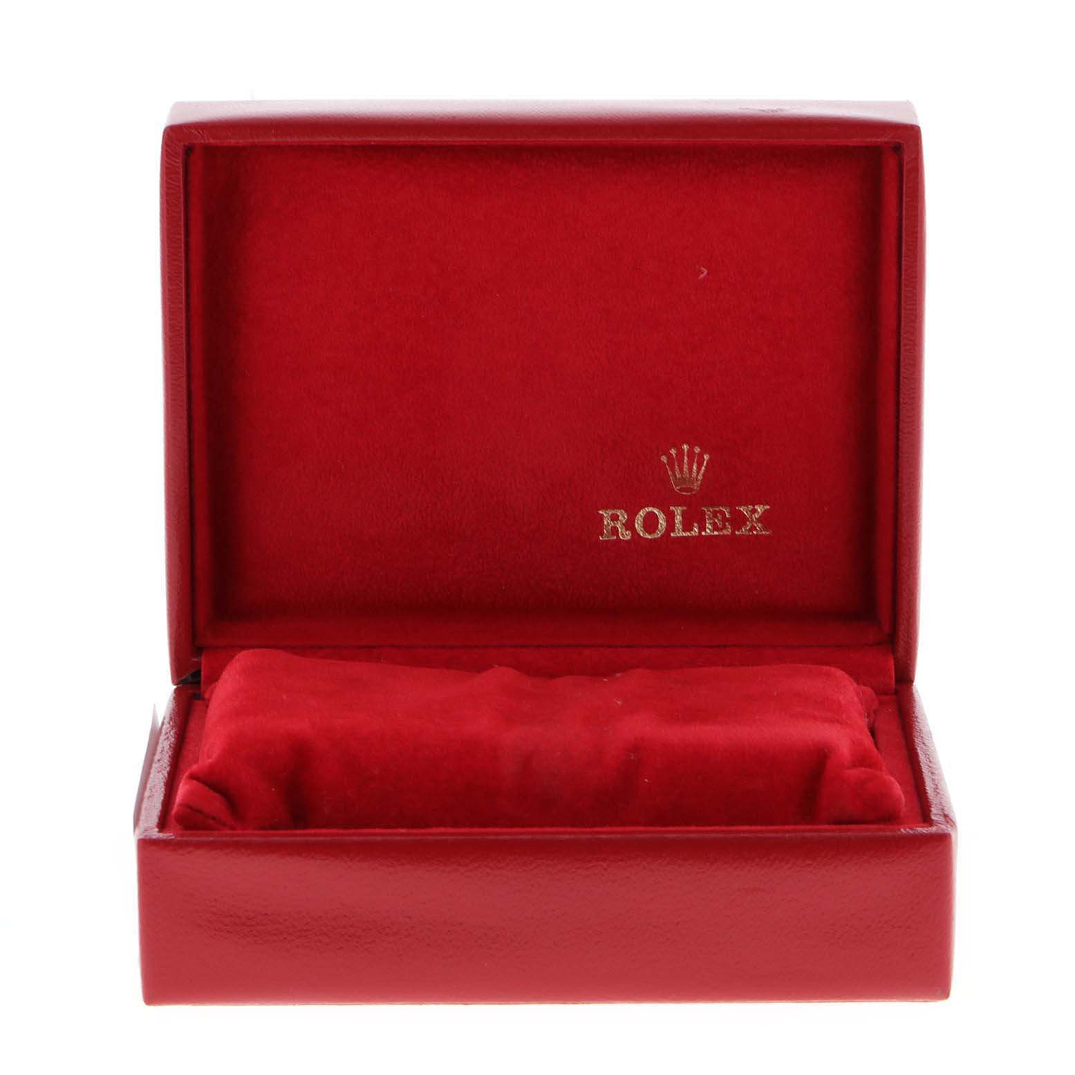 The image shows an open red Rolex watch box, with the brand name and crown logo emblazoned inside.