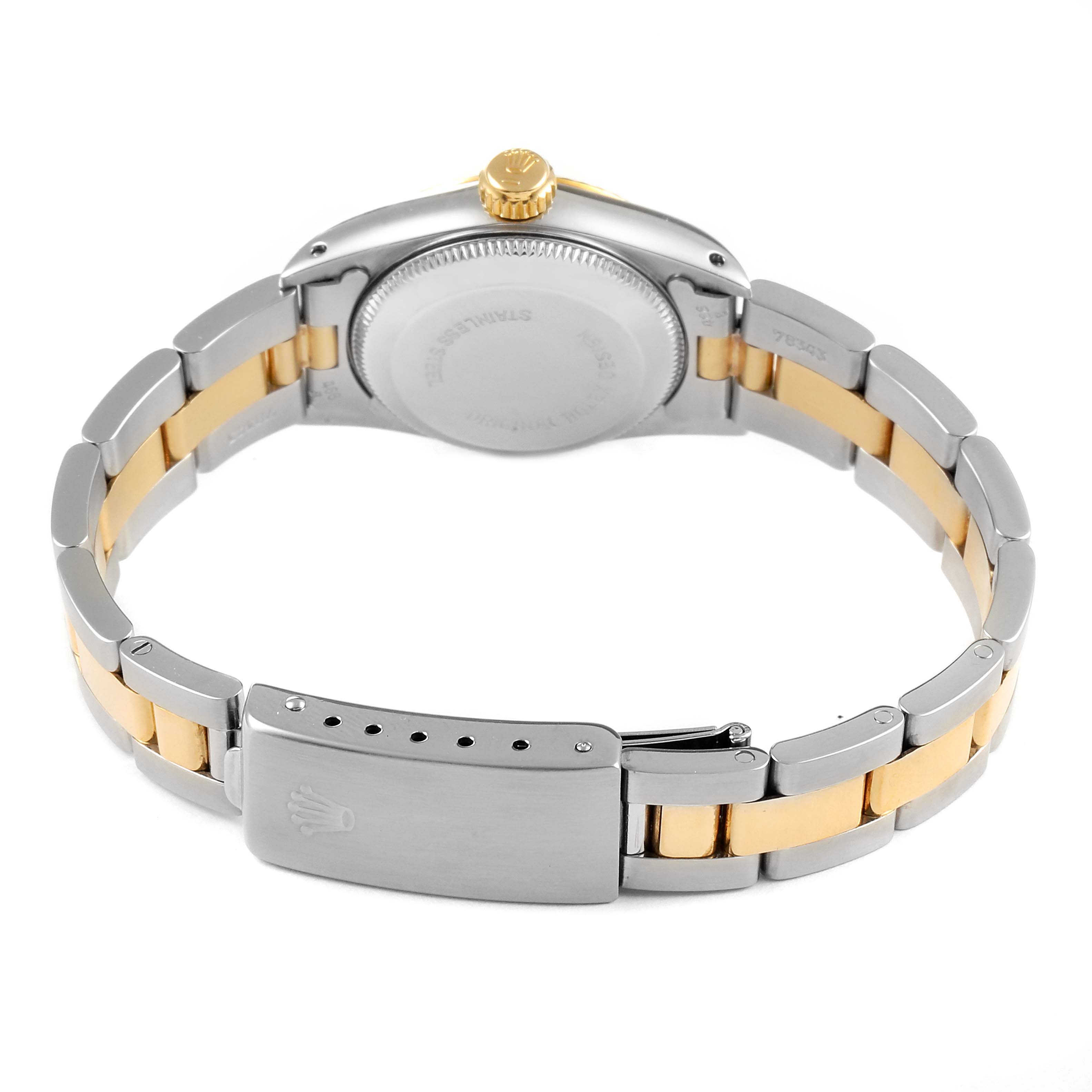 This image shows the back view of a Rolex Oyster Perpetual 67193 Women
s Steel and Gold (two tone) Champagne Dial 67193 Women
s Steel and Gold (two tone) Champagne Dial watch, focusing on the clasp and bracelet.