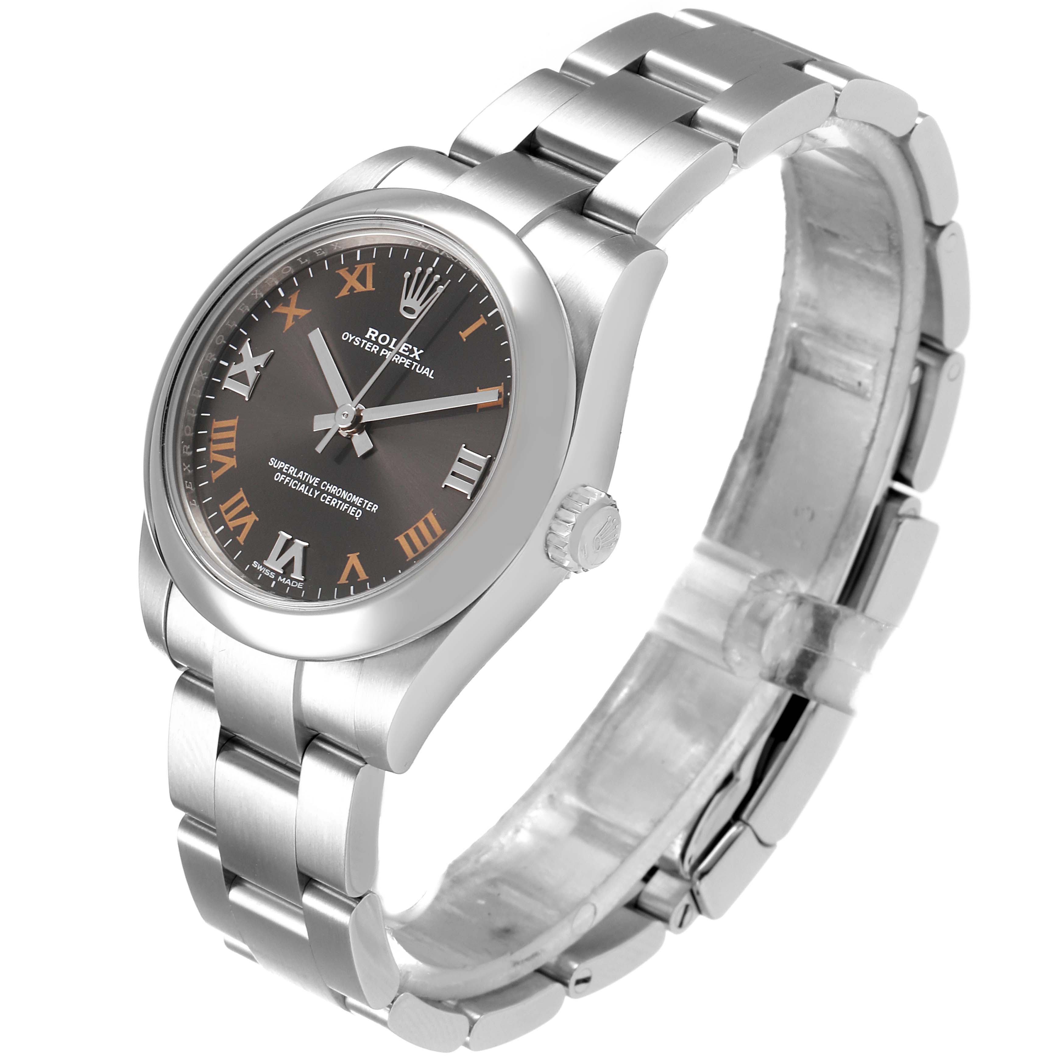 This Rolex Mid-Size 177200 Women's Stainless Steel Grey Dial 177200 Women's Stainless Steel Grey Dial Oyster Perpetual watch is viewed at a three-quarter angle, showing the dial, case, crown, and bracelet.