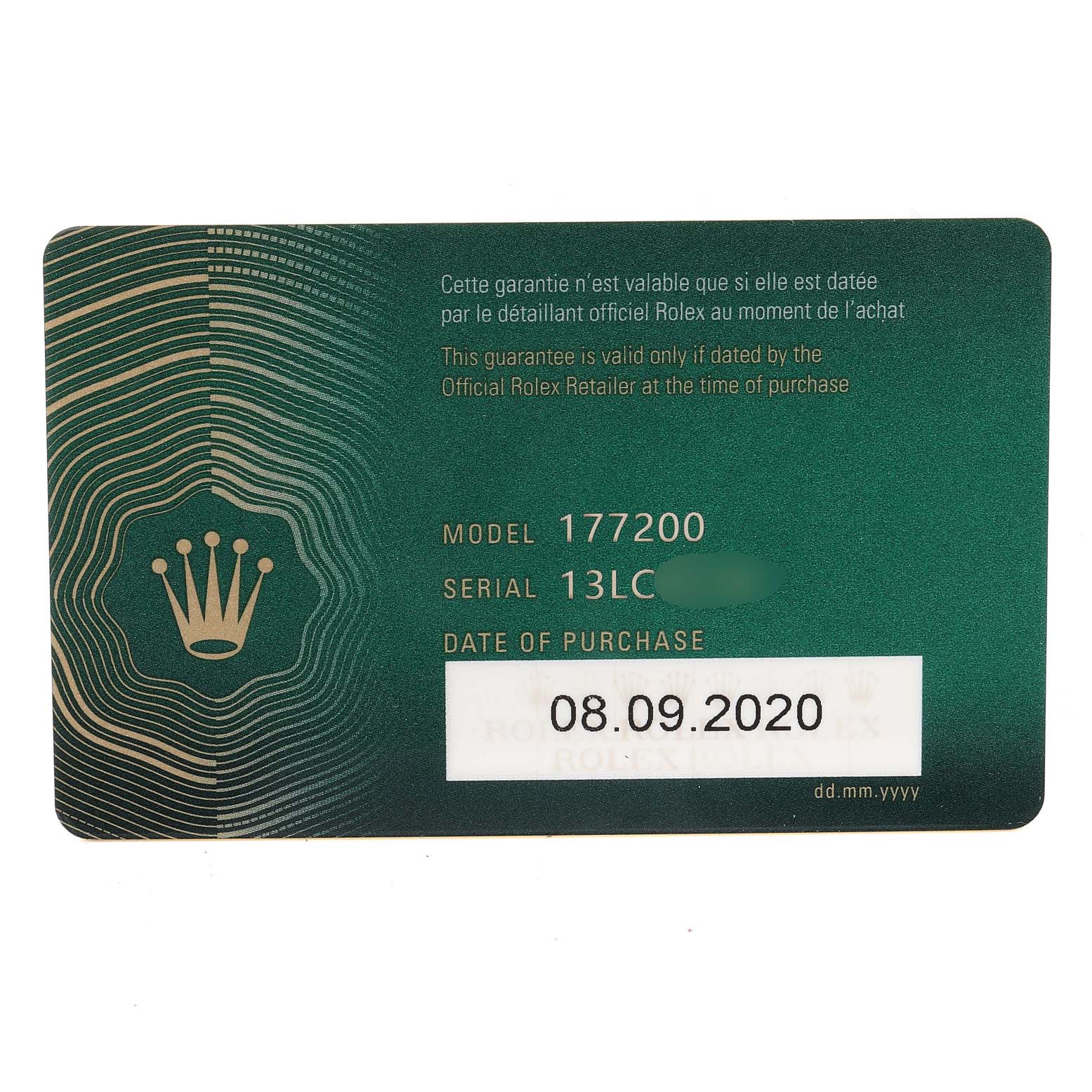 This image shows a warranty card for Rolex Mid-Size 177200 Women's Stainless Steel Grey Dial 177200 Women's Stainless Steel Grey Dial model 177200 with the purchase date of 08.09.2020.