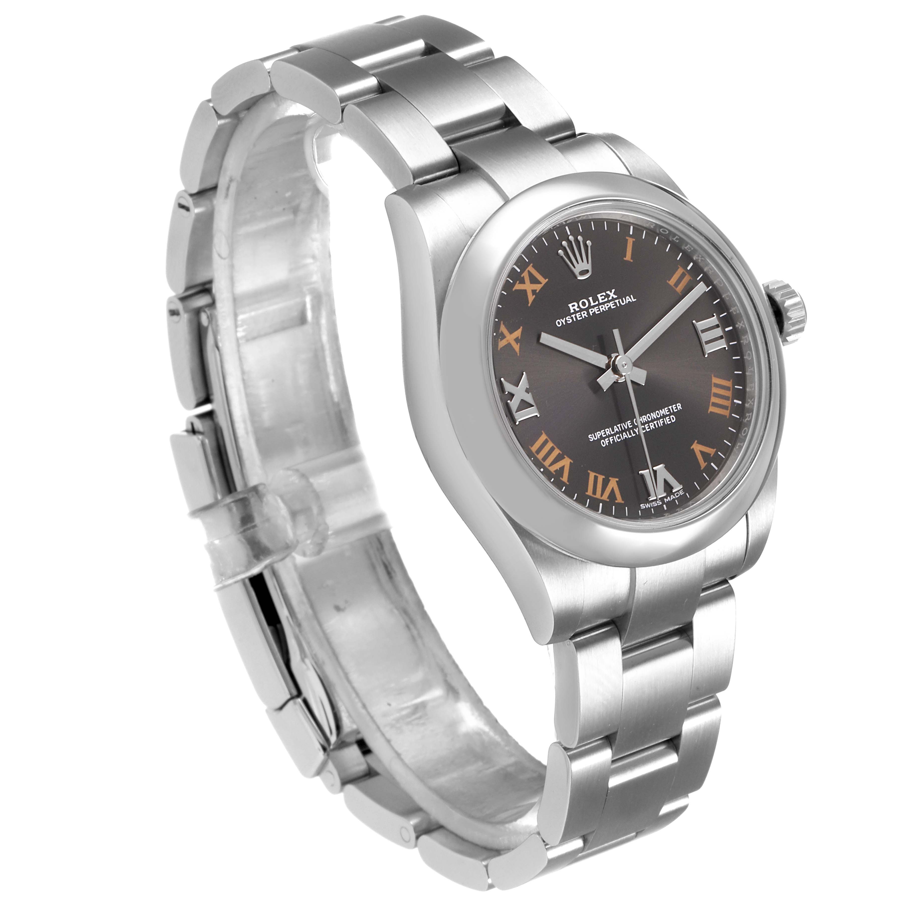The image shows a side-angle view of a Rolex Mid-Size 177200 Women's Stainless Steel Grey Dial 177200 Women's Stainless Steel Grey Dial Oyster Perpetual watch, highlighting its bracelet and round face.