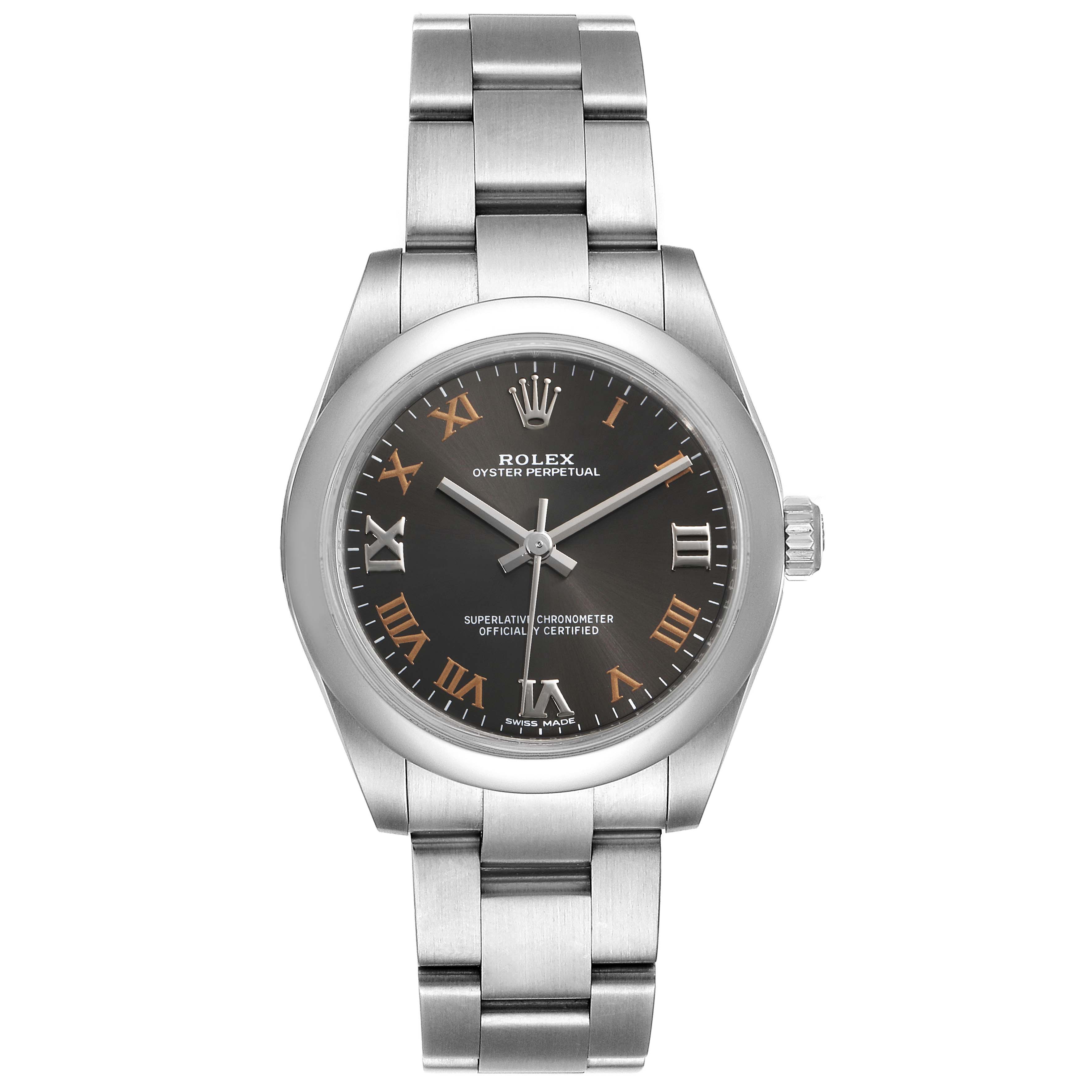 The image shows a front view of the Rolex Oyster Perpetual Mid-Size watch, highlighting its stainless steel bracelet, black dial, and Roman numerals.