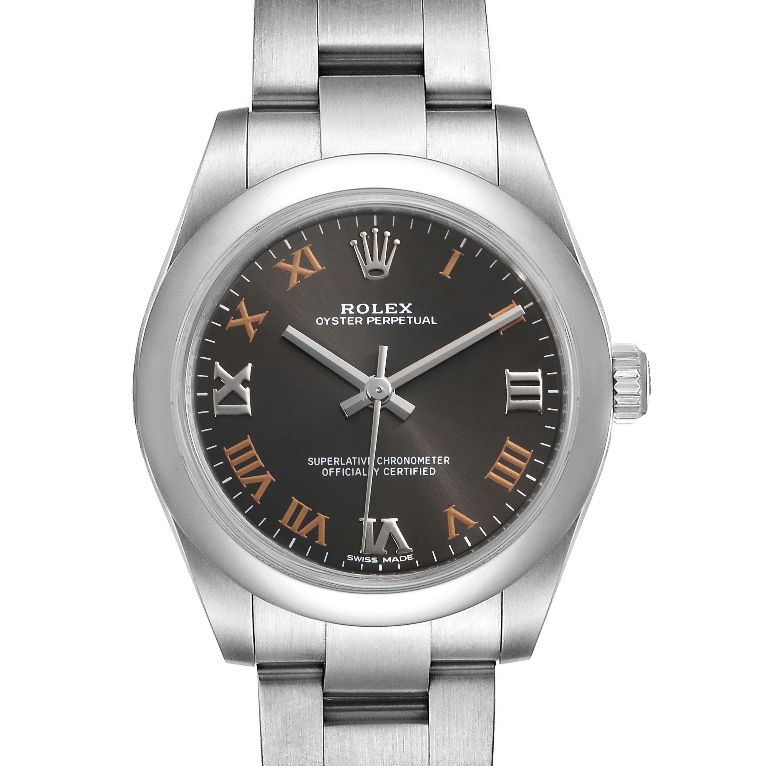 The image shows a front view of a Rolex Oyster Perpetual Mid-Size watch, featuring a dark dial and stainless steel bracelet.