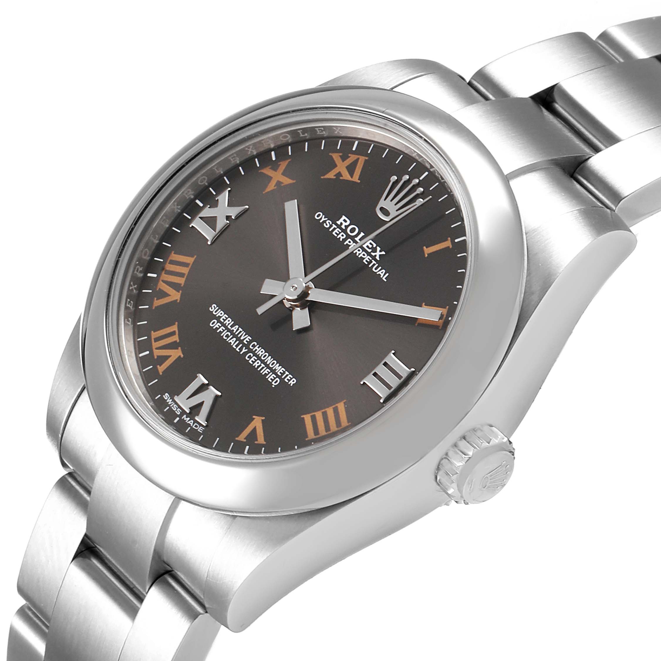 This image shows a Rolex Oyster Perpetual Mid-Size watch at an angled view highlighting the dial, case, and part of the bracelet.