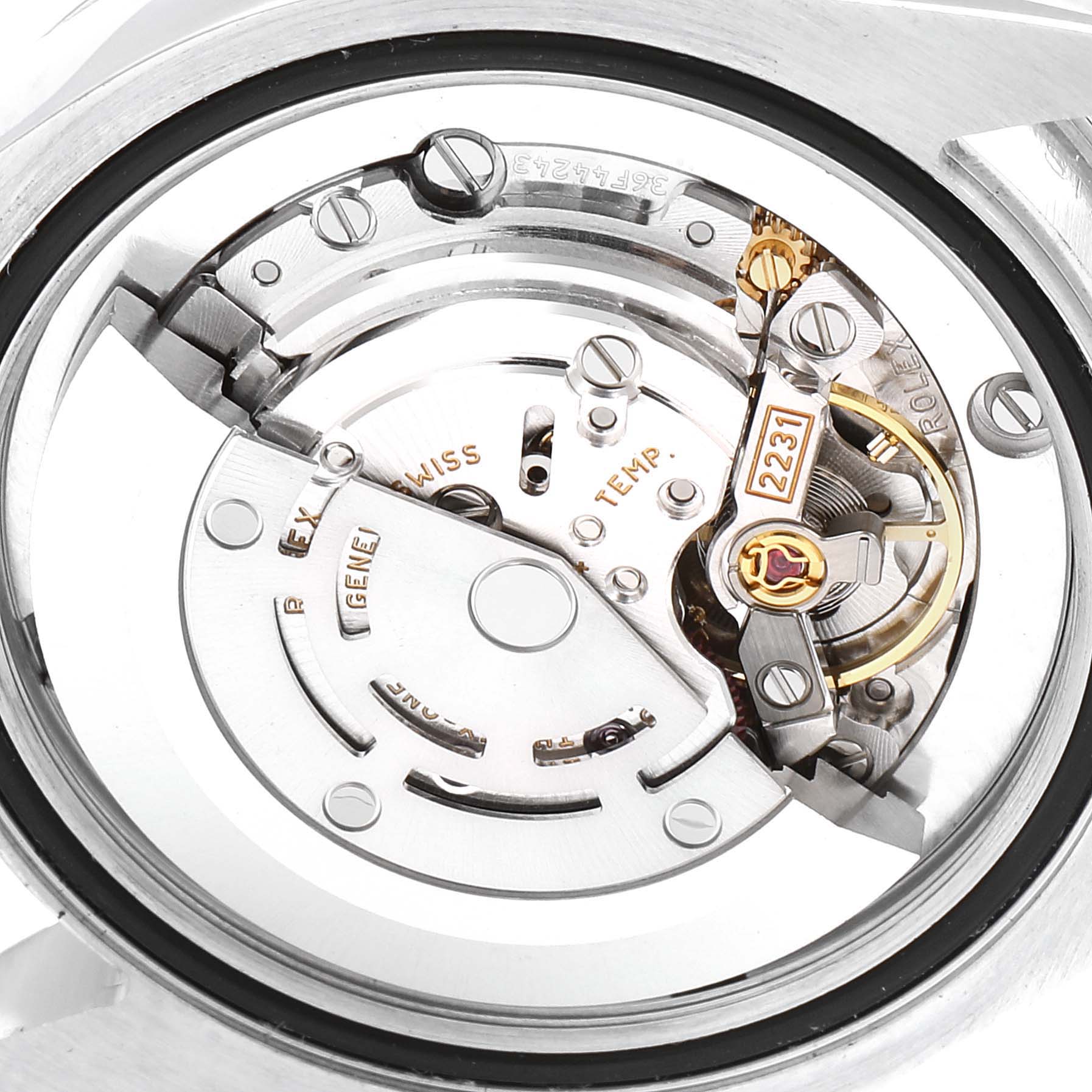 The image shows an overhead view of the Rolex Mid-Size 177200 Women
s Stainless Steel White Dial 177200 Women
s Stainless Steel White Dial watch
s movement, highlighting its intricate internal components.
