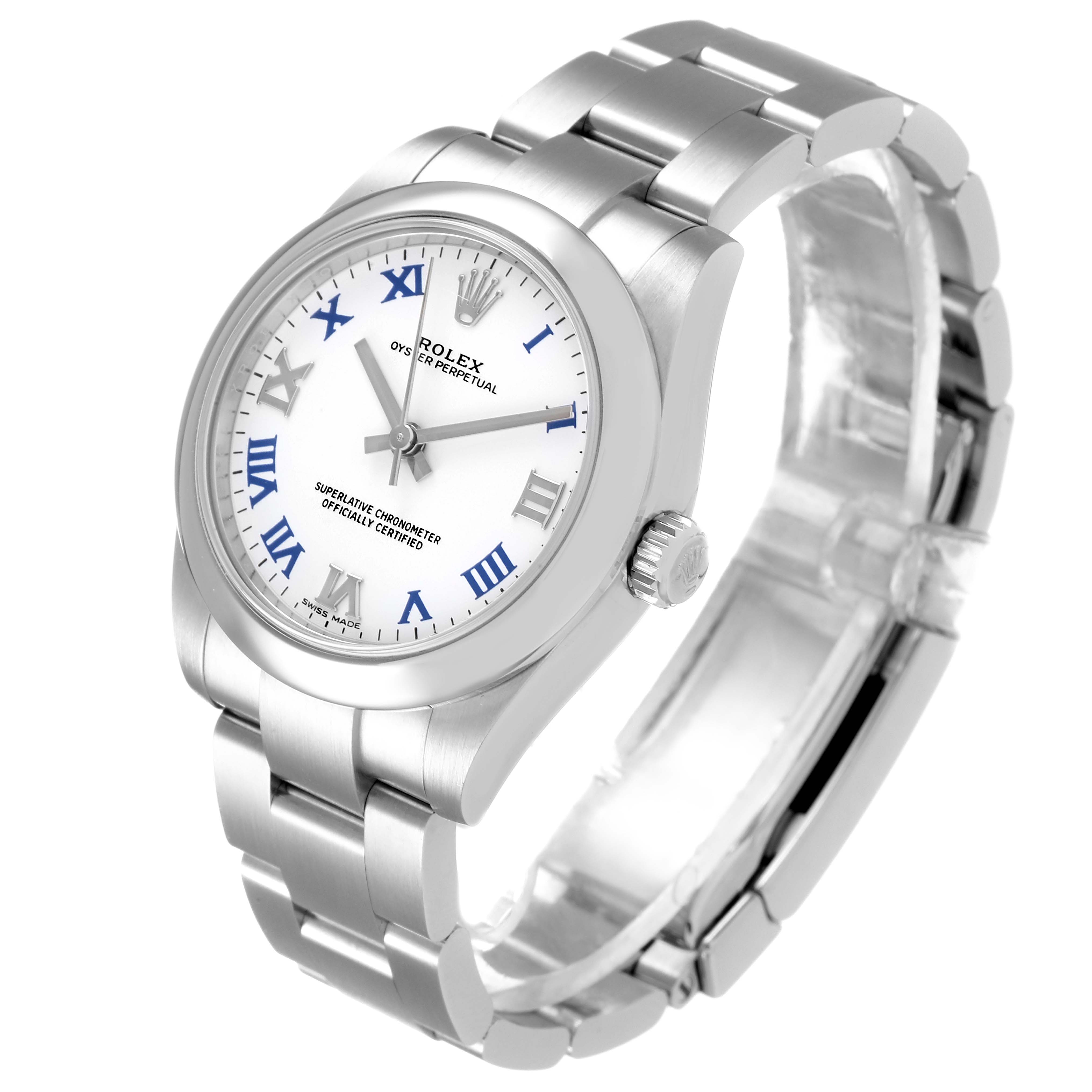 The image shows a Rolex Mid-Size 177200 Women
s Stainless Steel White Dial 177200 Women
s Stainless Steel White Dial watch at a three-quarter angle, focusing on its face, bezel, and bracelet.