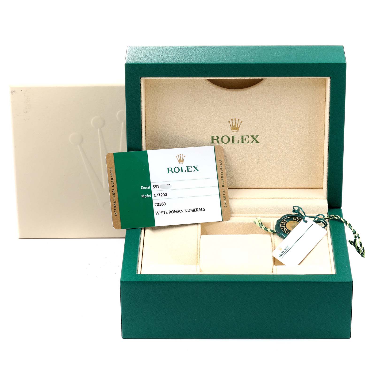 The image shows the packaging of a Rolex Mid-Size 177200 Women
s Stainless Steel White Dial 177200 Women
s Stainless Steel White Dial model watch, including the box, tags, and certificate.