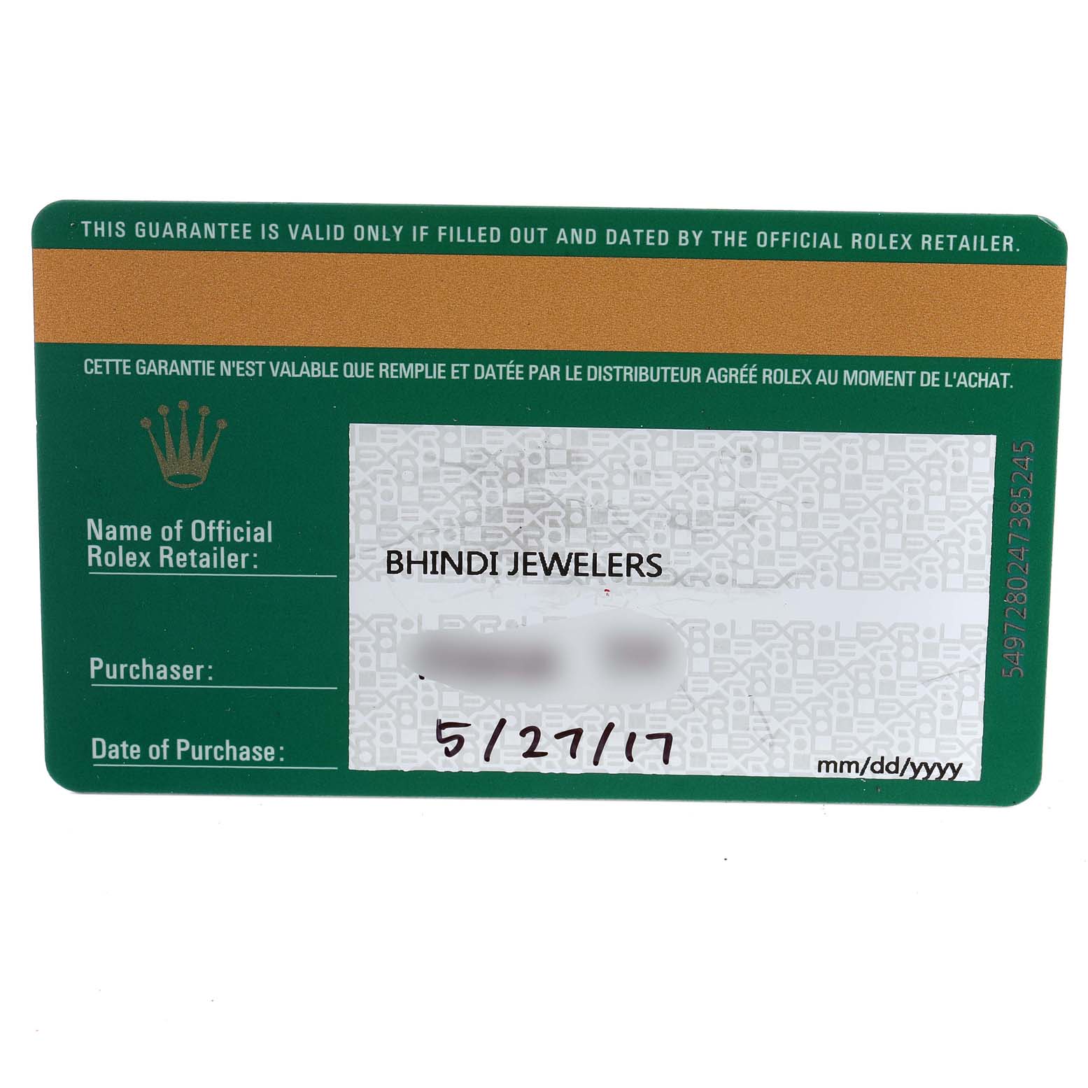 This image shows the guarantee card for a Rolex Mid-Size 177200 Women
s Stainless Steel White Dial 177200 Women
s Stainless Steel White Dial model, including retailer information and the date of purchase.