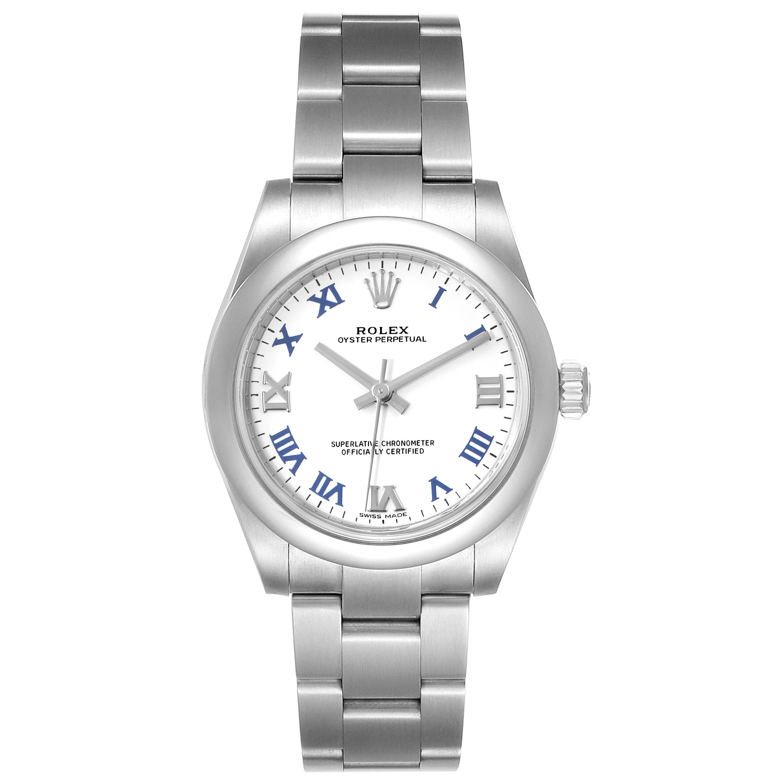 This image shows a front view of a Rolex Mid-Size 177200 Women
s Stainless Steel White Dial 177200 Women
s Stainless Steel White Dial Oyster Perpetual watch, displaying the dial, case, and bracelet.
