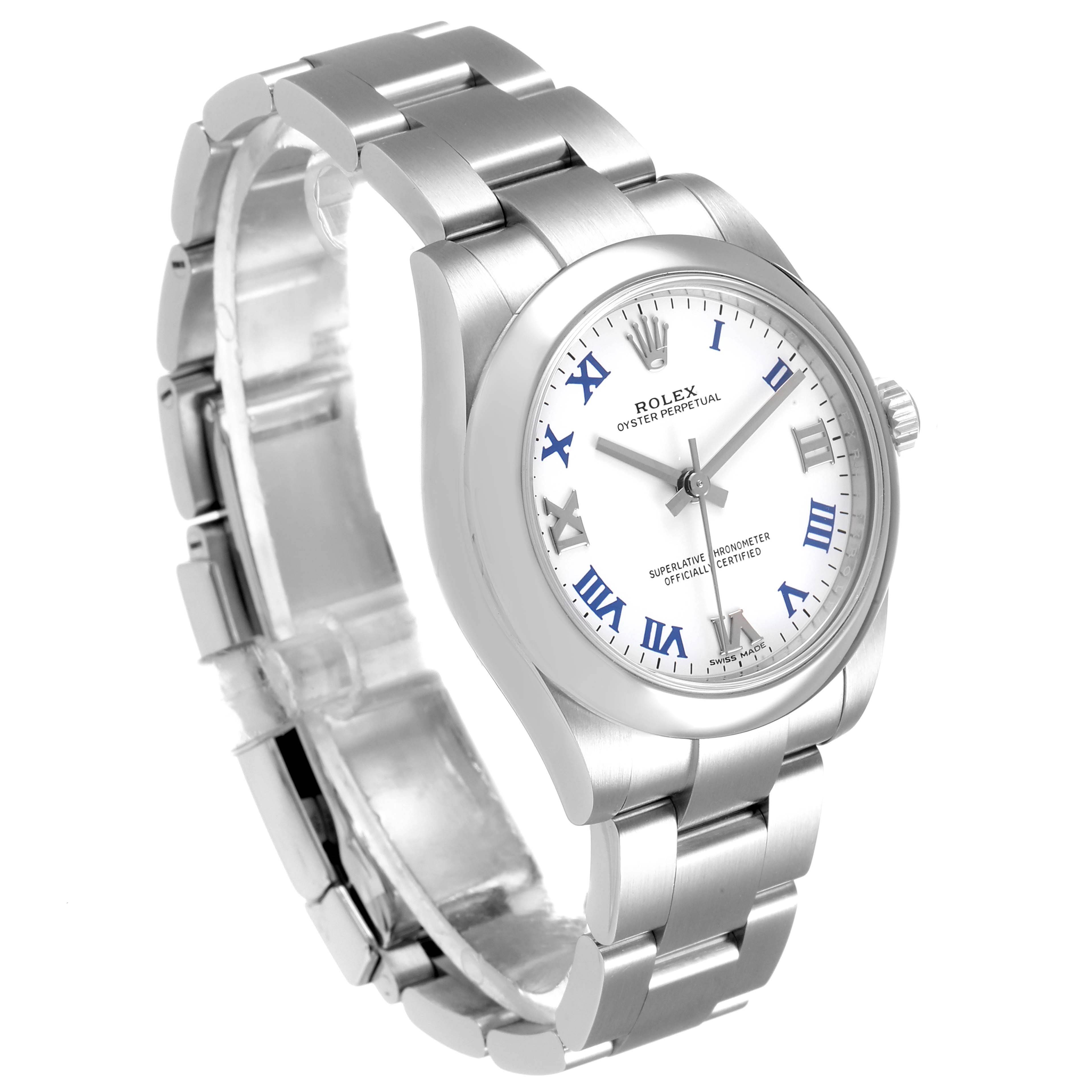 The image shows a three-quarter view of a Rolex Mid-Size 177200 Women
s Stainless Steel White Dial 177200 Women
s Stainless Steel White Dial Oyster Perpetual watch, highlighting the dial, bezel, bracelet, and crown.