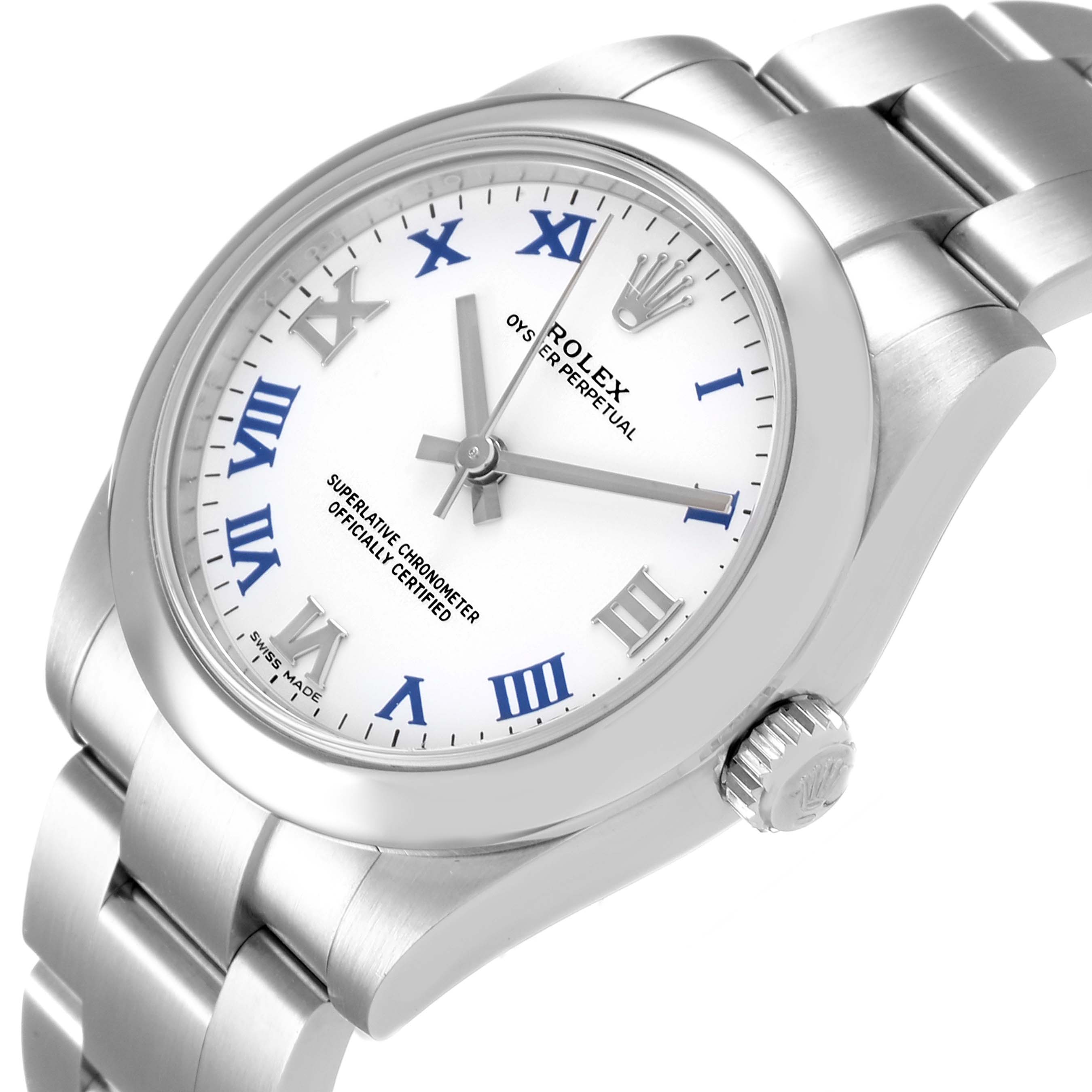 The image shows a close-up angle of a Rolex Mid-Size 177200 Women
s Stainless Steel White Dial 177200 Women
s Stainless Steel White Dial watch, highlighting the dial, crown, and part of the bracelet.