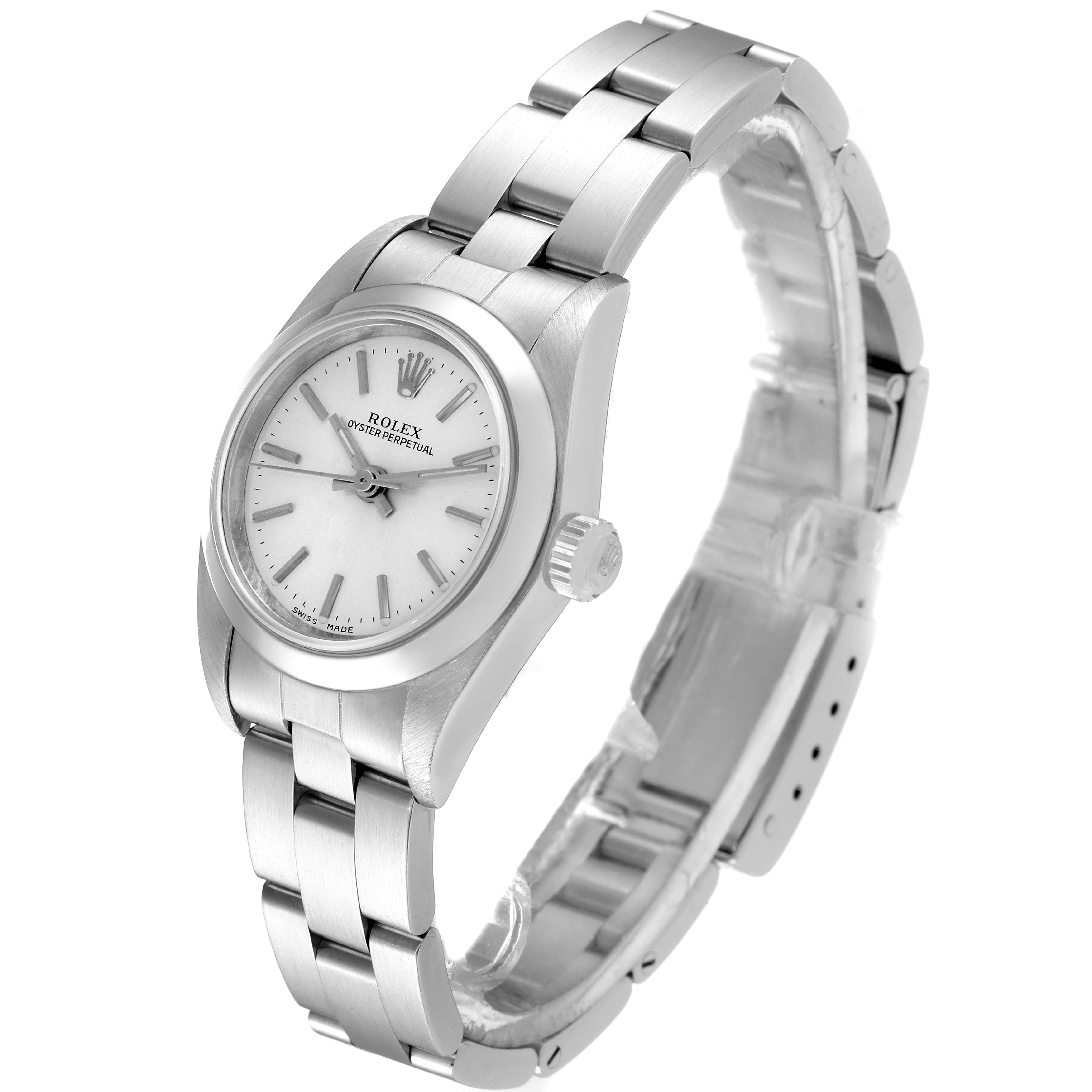 The Rolex Oyster Perpetual 76080 Women's Stainless Steel Silver Dial 76080 Women's Stainless Steel Silver Dial watch is shown at a three-quarter angle, displaying the watch face, crown, and bracelet.