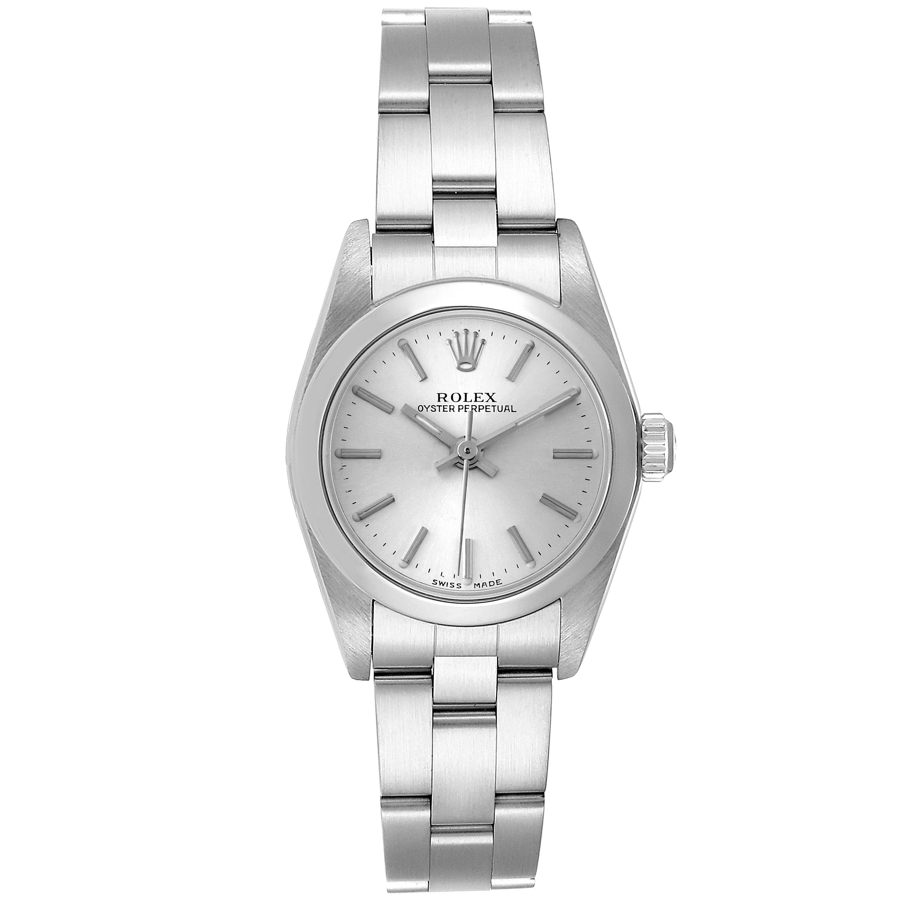 The Rolex Oyster Perpetual 76080 Women's Stainless Steel Silver Dial 76080 Women's Stainless Steel Silver Dial watch is shown from a top-down angle, displaying its face, bezel, and bracelet.