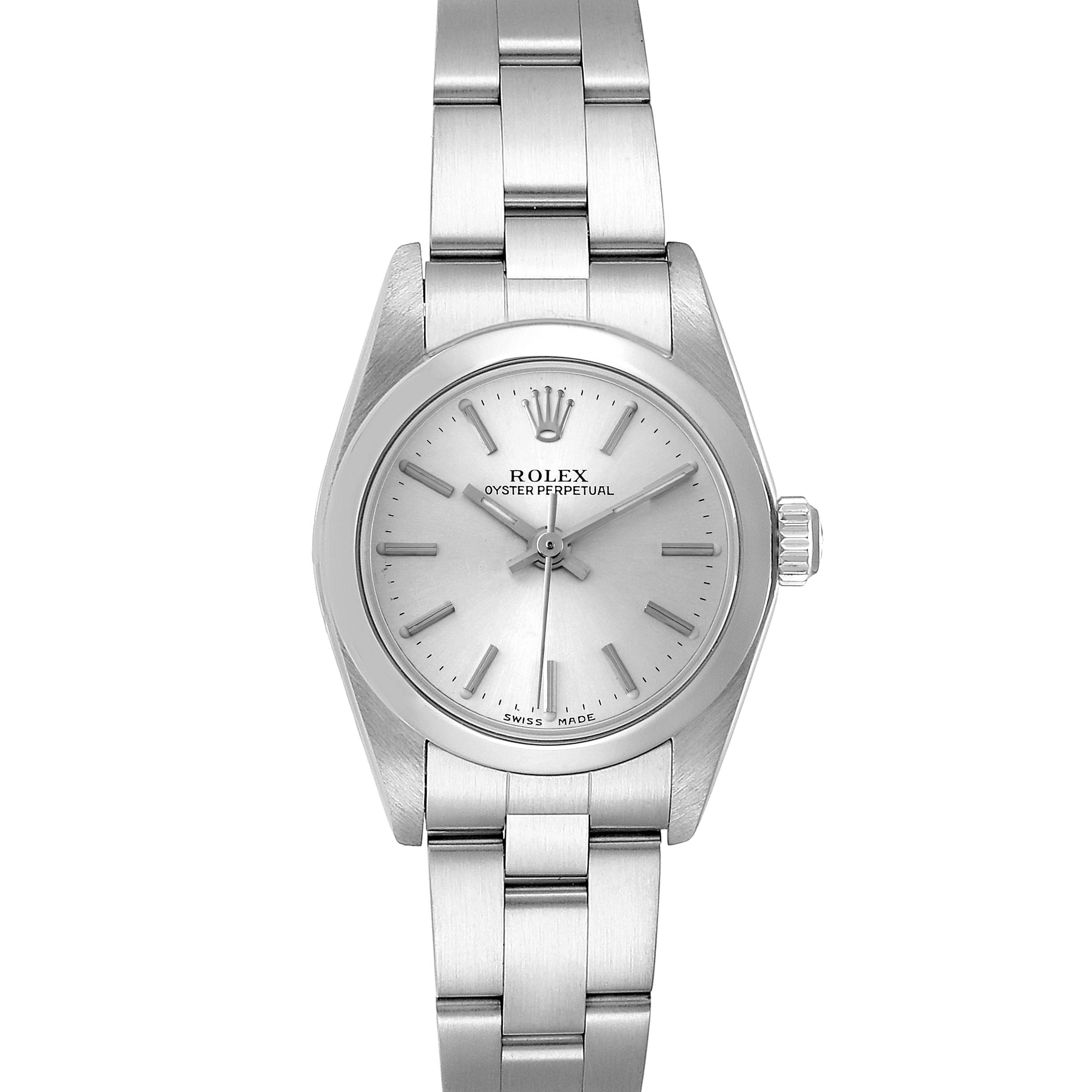 This Rolex Oyster Perpetual 76080 Women's Stainless Steel Silver Dial 76080 Women's Stainless Steel Silver Dial watch is shown from a top-down angle, highlighting its face, bezel, and bracelet.