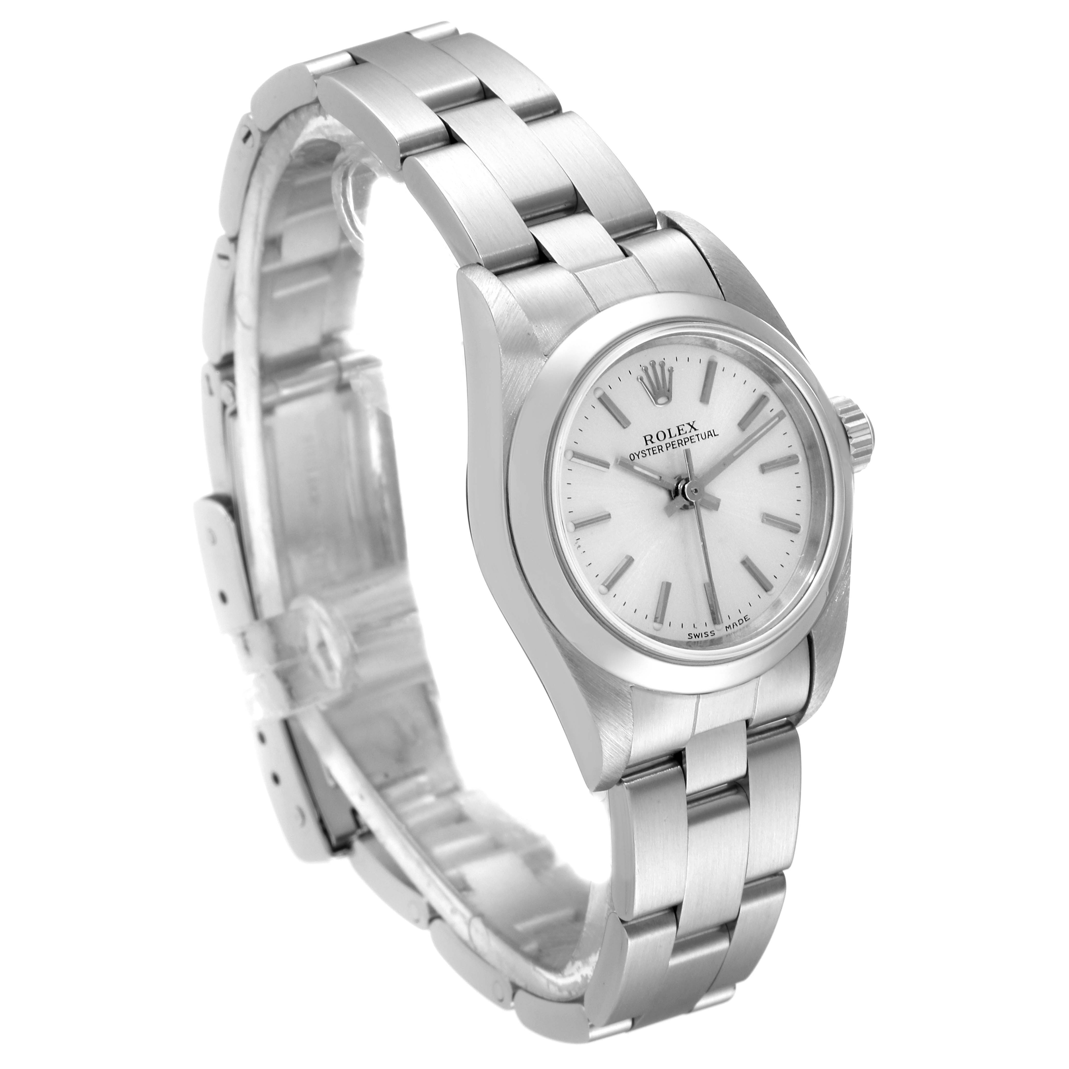 The image shows a Rolex Oyster Perpetual 76080 Women's Stainless Steel Silver Dial 76080 Women's Stainless Steel Silver Dial watch at a three-quarter angle, displaying the dial, bezel, and bracelet.