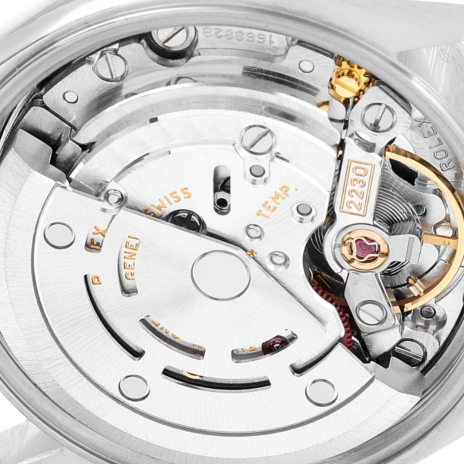 This image shows a close-up view of the movement mechanism of a Rolex Oyster Perpetual 76080 Women
s Stainless Steel Silver Dial 76080 Women
s Stainless Steel Silver Dial watch.