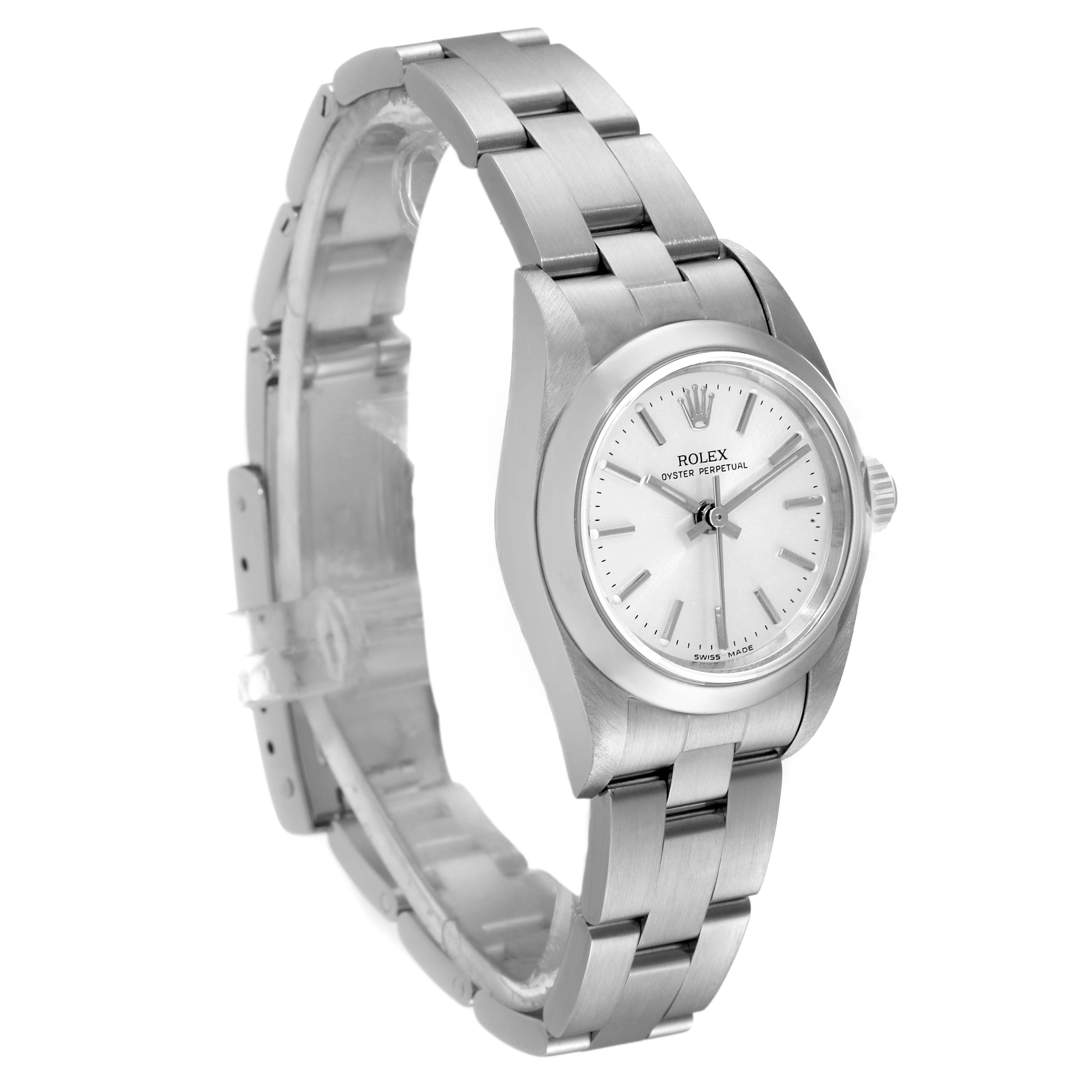 The image shows a side angle of a Rolex Oyster Perpetual 76080 Women
s Stainless Steel Silver Dial 76080 Women
s Stainless Steel Silver Dial watch, highlighting the bracelet and dial.