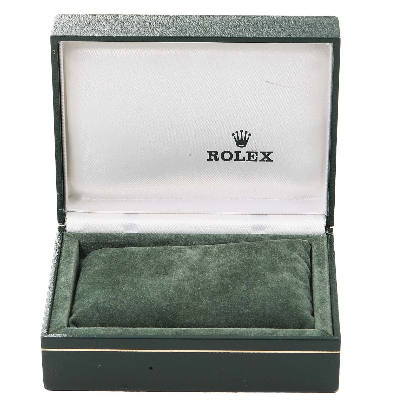 The image shows an empty green Rolex watch box for the Oyster Perpetual model, opened, revealing the interior cushion and lining.