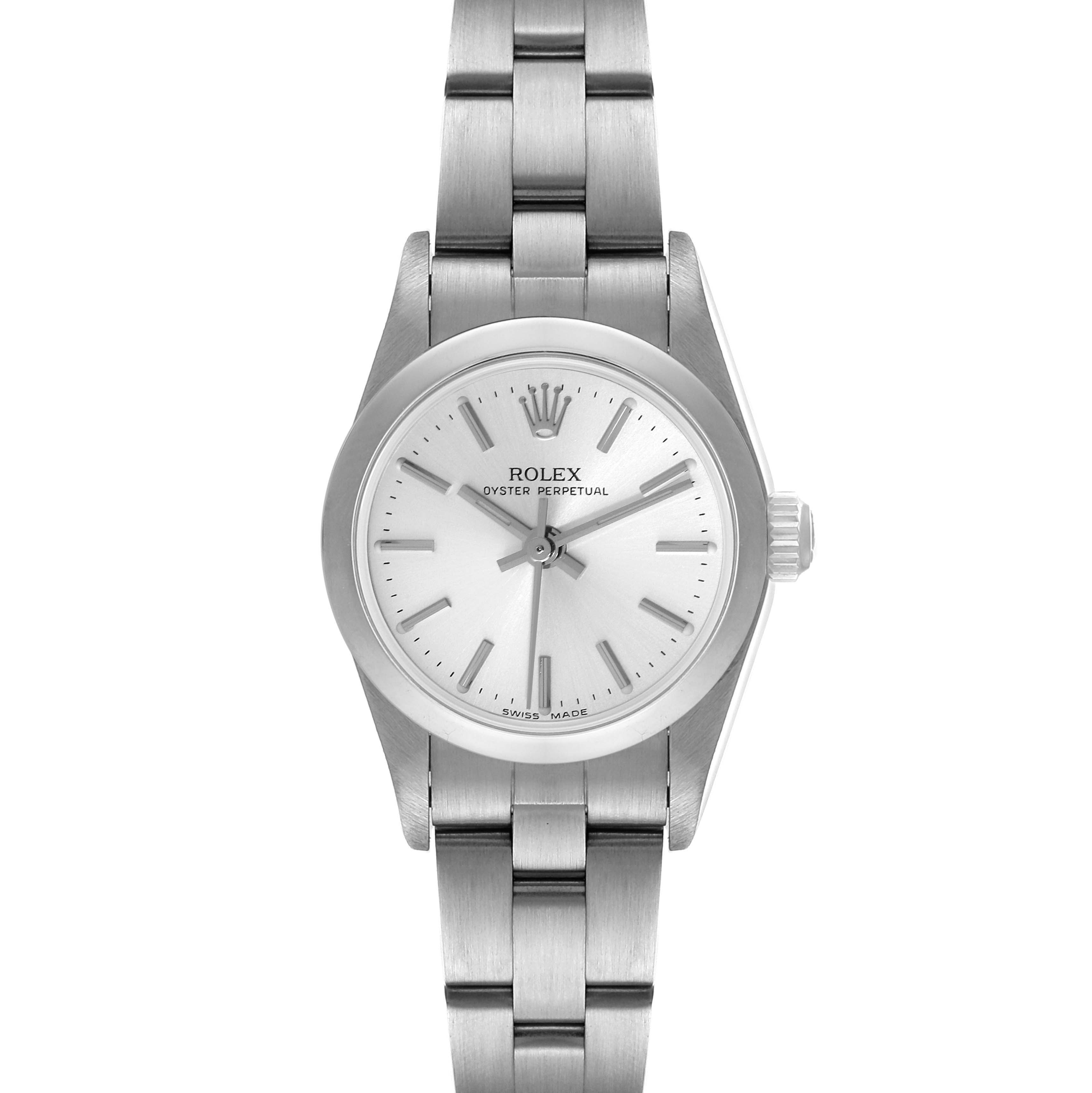 This is a front view of a Rolex Oyster Perpetual 76080 Women
s Stainless Steel Silver Dial 76080 Women
s Stainless Steel Silver Dial watch, showcasing its face, bezel, and bracelet.