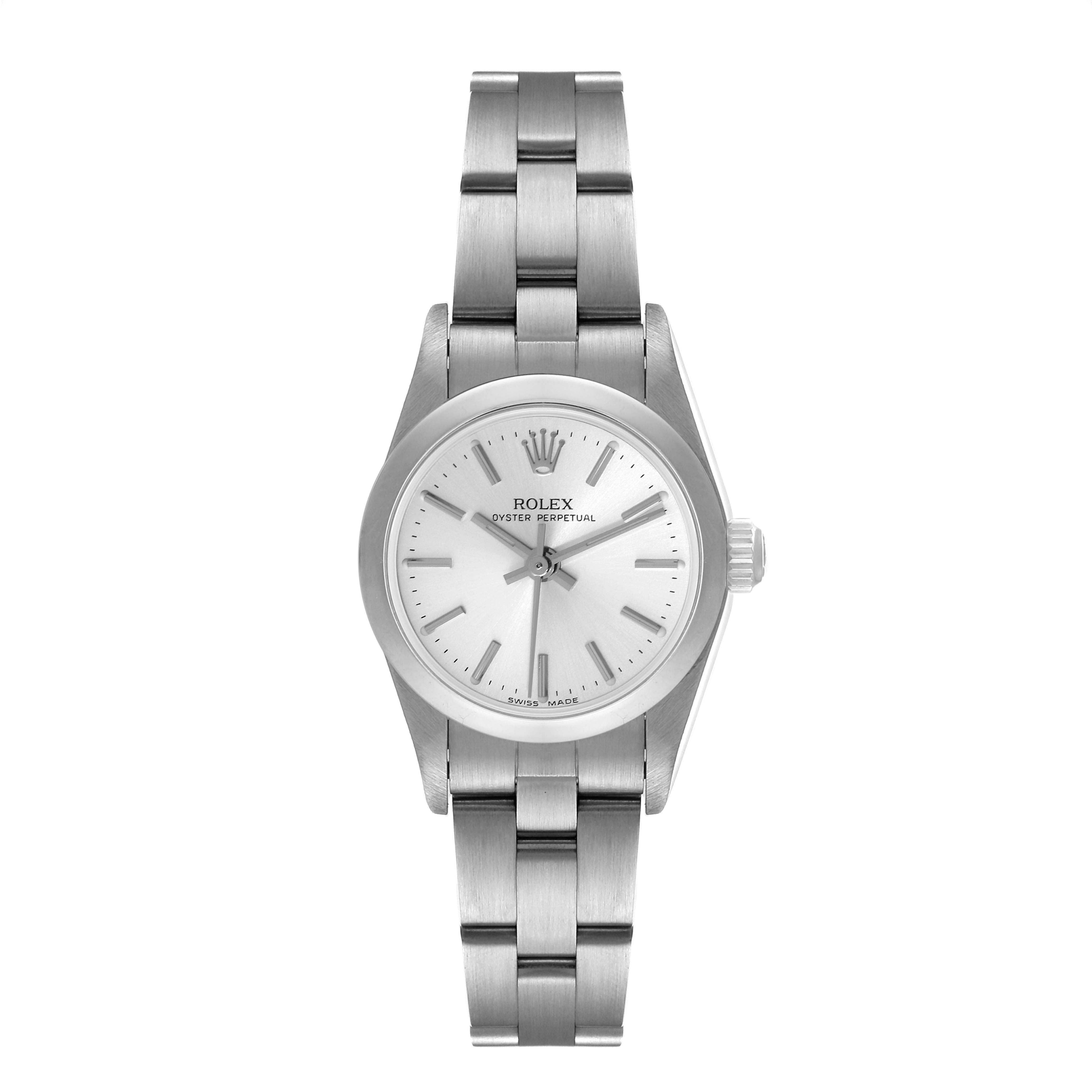 This image shows a Rolex Oyster Perpetual 76080 Women
s Stainless Steel Silver Dial 76080 Women
s Stainless Steel Silver Dial watch from a front angle, highlighting its dial, hands, bezel, crown, and bracelet.