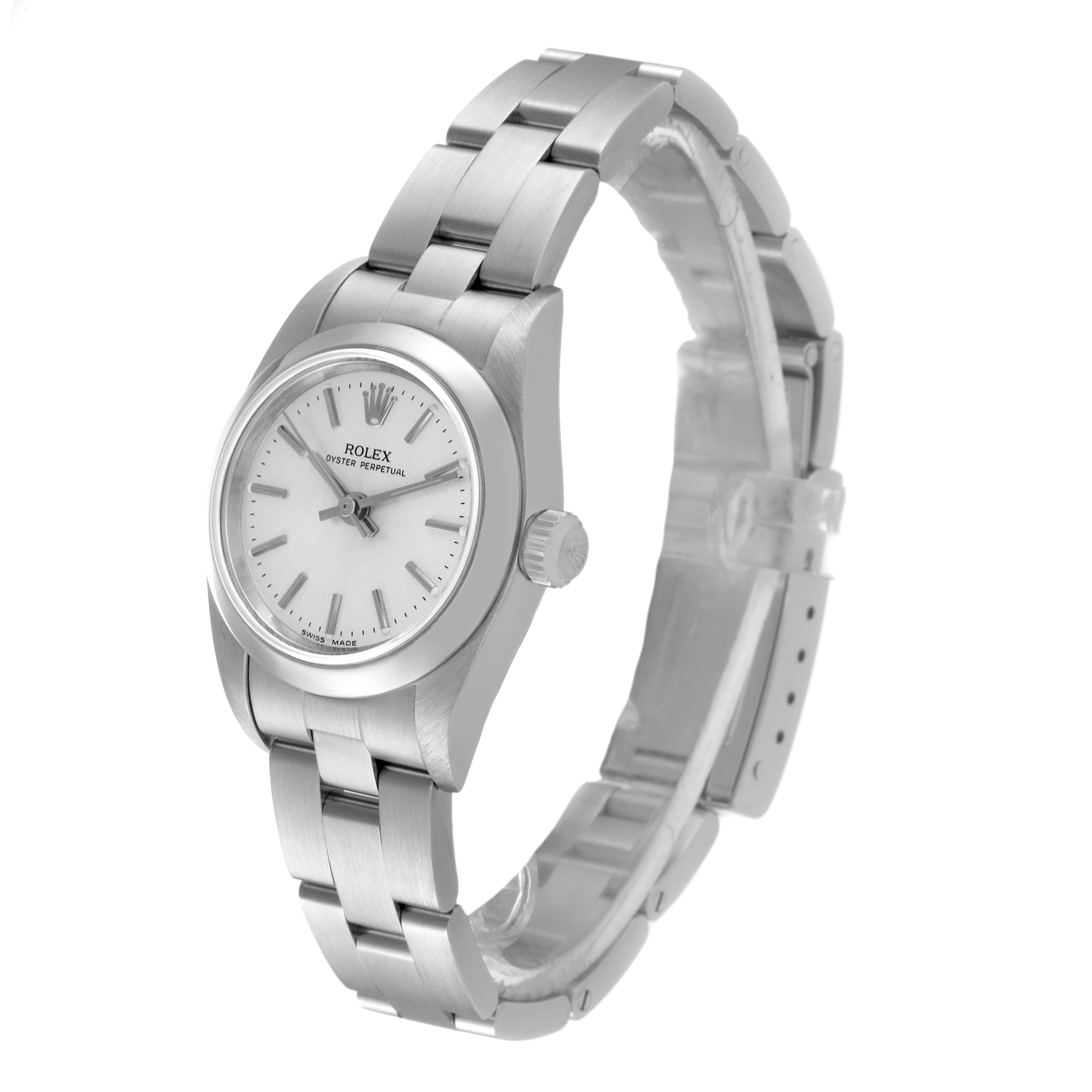 The image shows a Rolex Oyster Perpetual 76080 Women
s Stainless Steel Silver Dial 76080 Women
s Stainless Steel Silver Dial watch at a slight side angle, highlighting the face, crown, and bracelet.