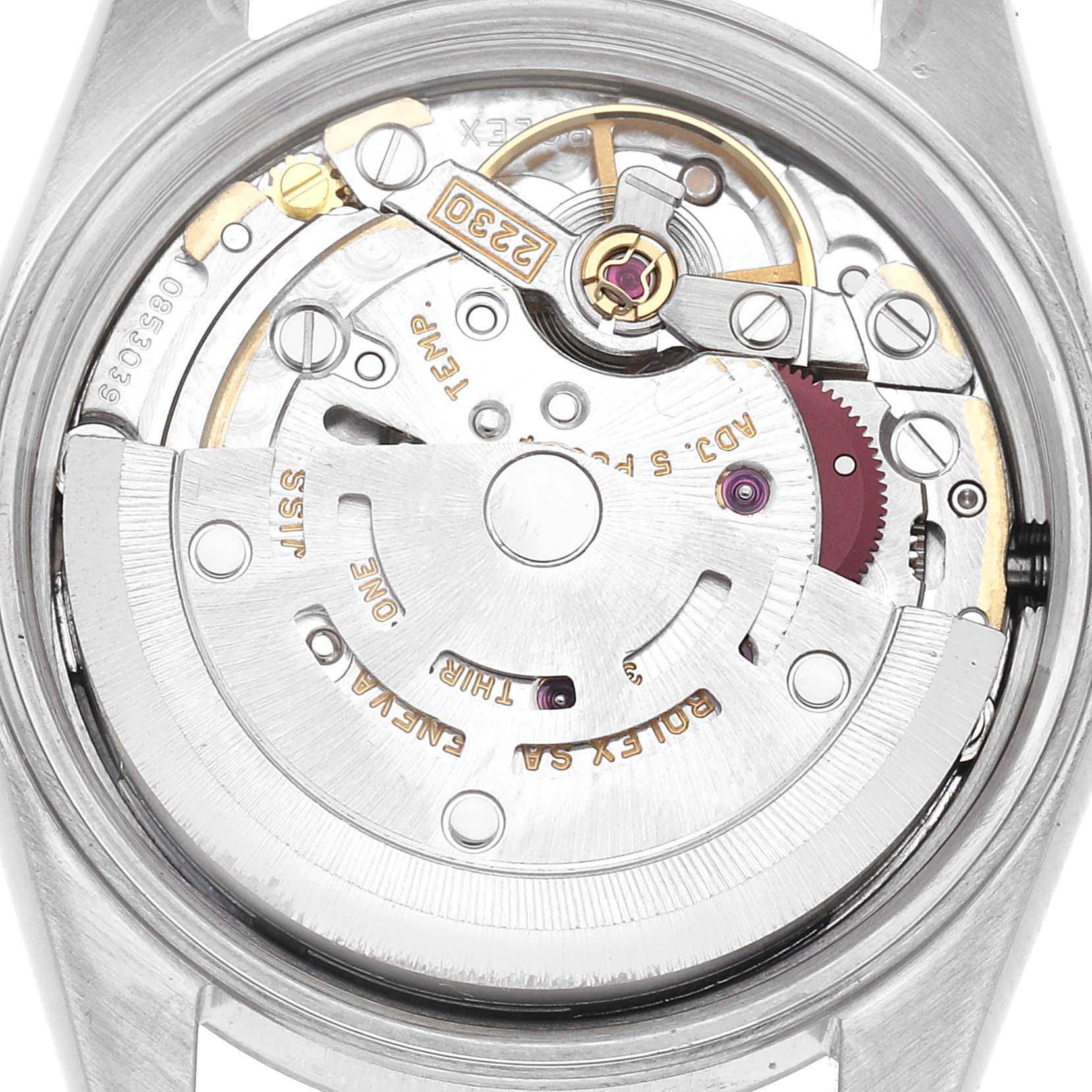 The image shows the movement of a Rolex Oyster Perpetual 76080 Women's Stainless Steel Silver Dial 76080 Women's Stainless Steel Silver Dial watch, highlighting gears, screws, and the oscillating weight from the back.
