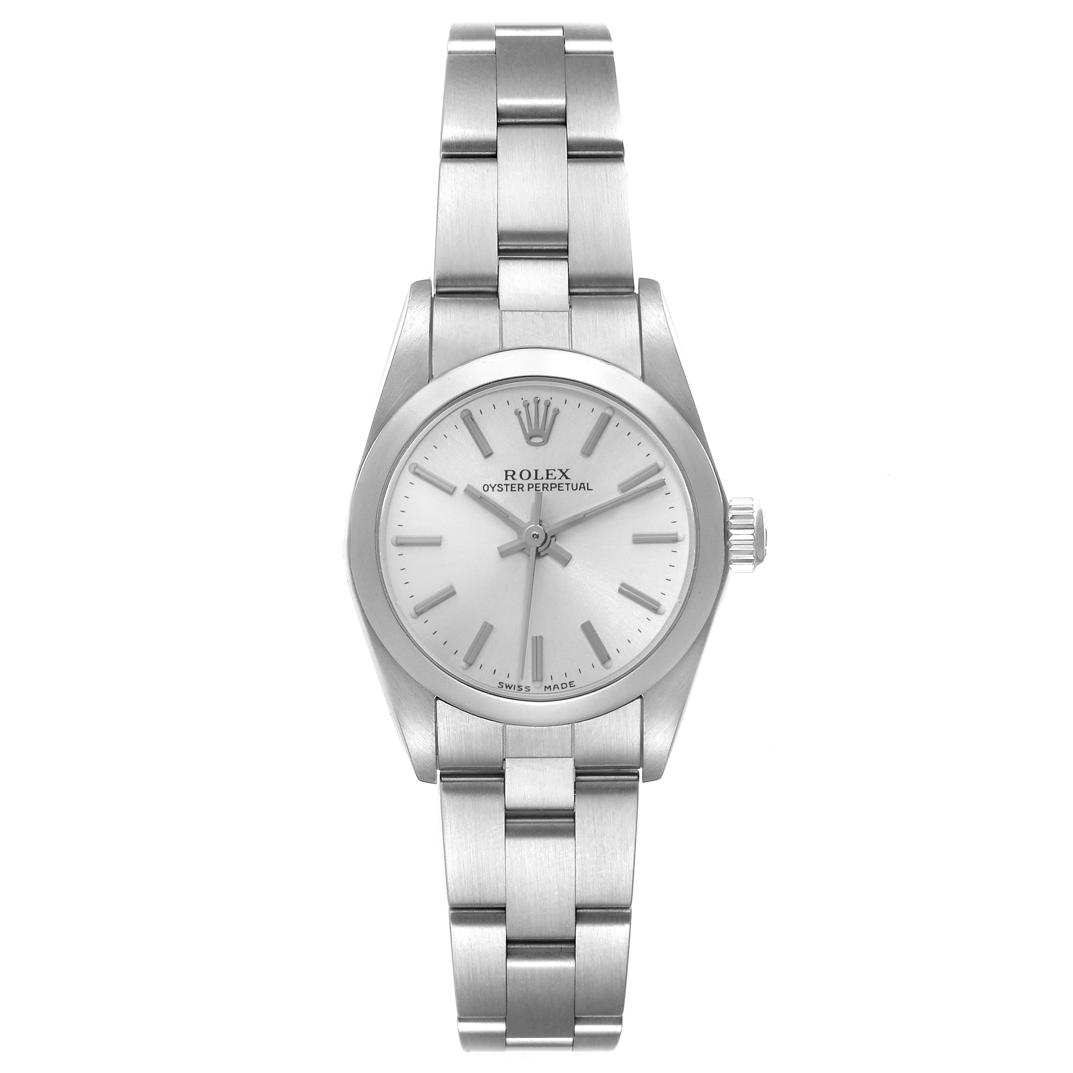The Rolex Oyster Perpetual 76080 Women's Stainless Steel Silver Dial 76080 Women's Stainless Steel Silver Dial watch is shown from a front view, highlighting its dial, bezel, and bracelet.