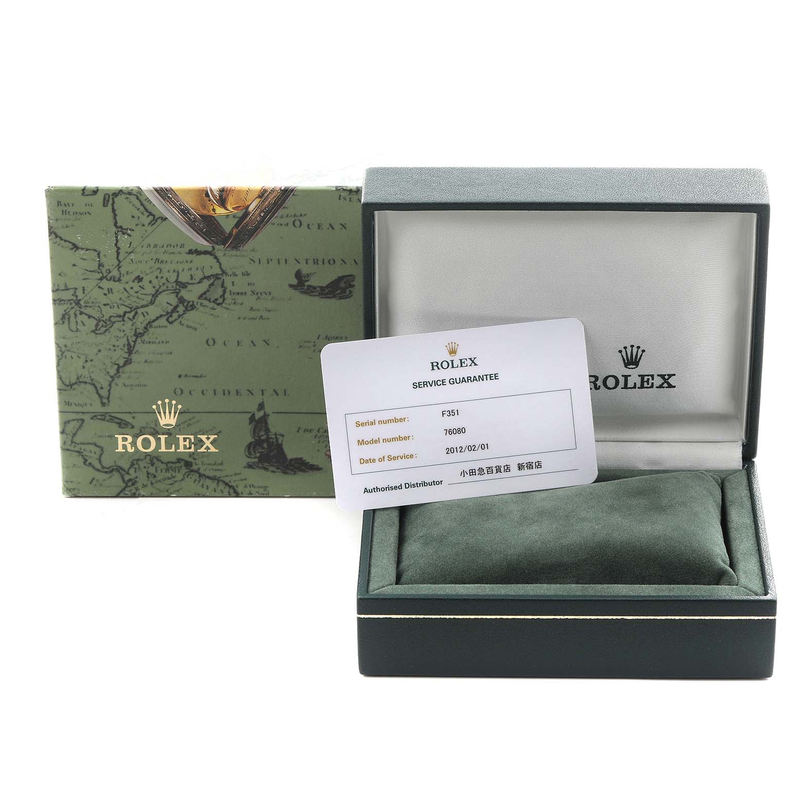 The image shows the box, service guarantee card, and packaging for a Rolex Oyster Perpetual 76080 Women's Stainless Steel Silver Dial 76080 Women's Stainless Steel Silver Dial watch.