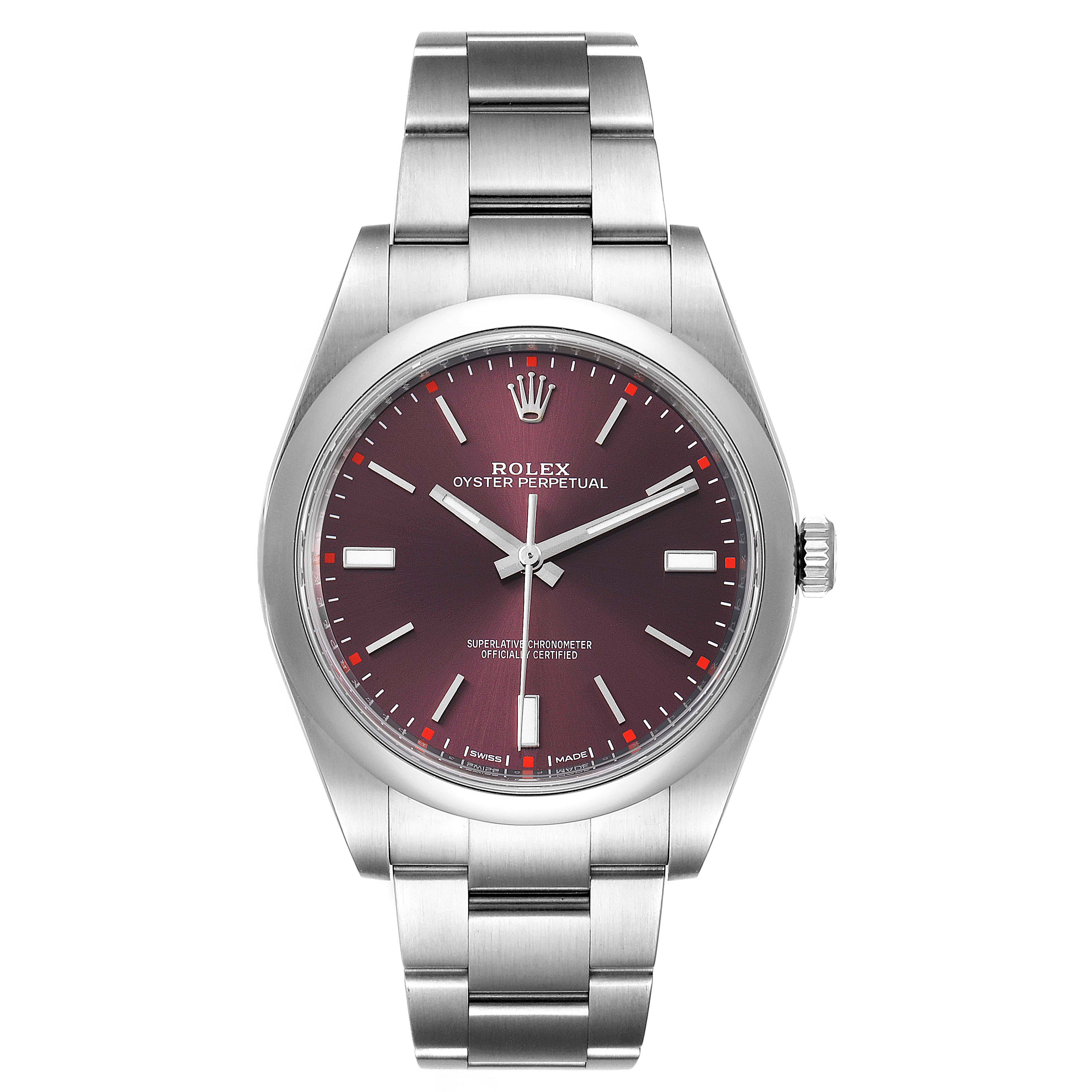 The image shows a front view of a Rolex Oyster Perpetual 114300 Men's Stainless Steel Burgundy Dial 114300 Men's Stainless Steel Burgundy Dial watch, including the dial, bezel, and bracelet.