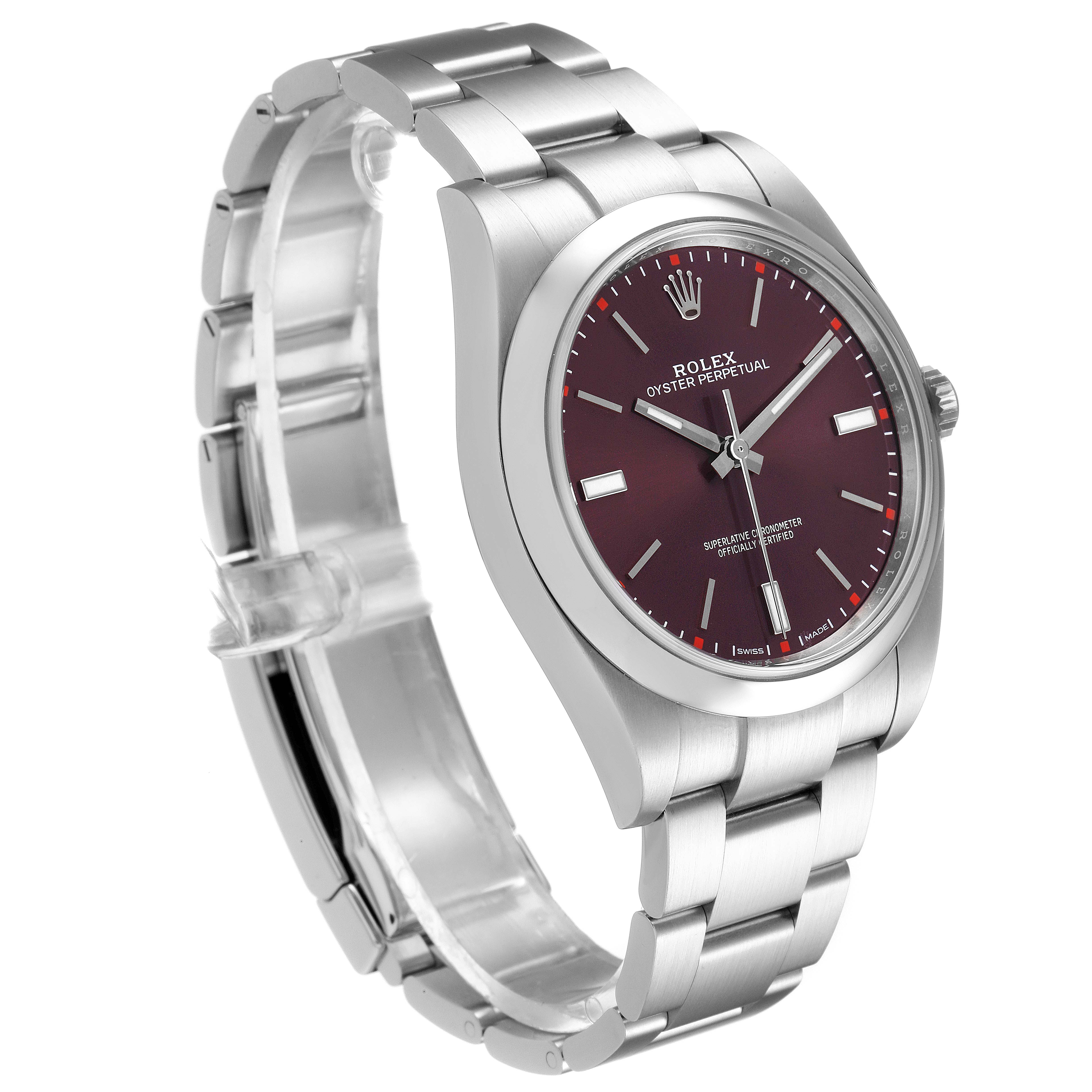 The Rolex Oyster Perpetual 114300 Men's Stainless Steel Burgundy Dial 114300 Men's Stainless Steel Burgundy Dial watch is shown at a three-quarter angle, displaying the face, bezel, and bracelet.