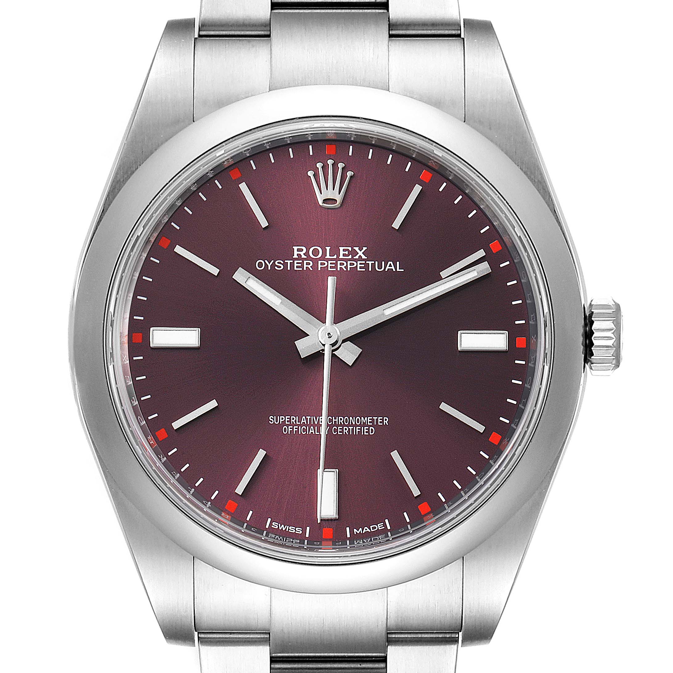 This image shows a front view of the dial, hands, case, and bracelet of a Rolex Oyster Perpetual 114300 Men's Stainless Steel Burgundy Dial 114300 Men's Stainless Steel Burgundy Dial watch.