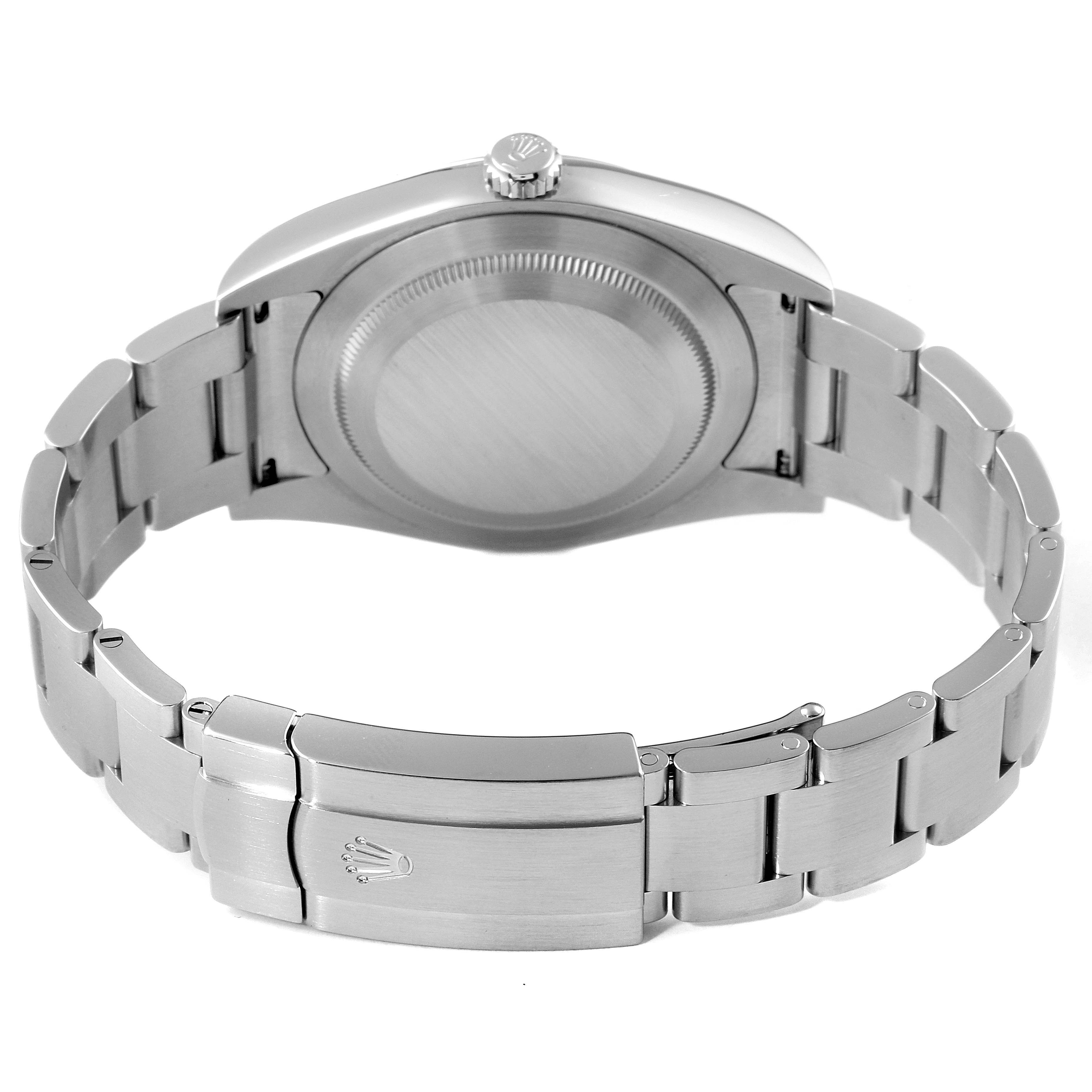 This image shows the case back and bracelet of a Rolex Oyster Perpetual 114300 Men's Stainless Steel Burgundy Dial 114300 Men's Stainless Steel Burgundy Dial watch from the rear.