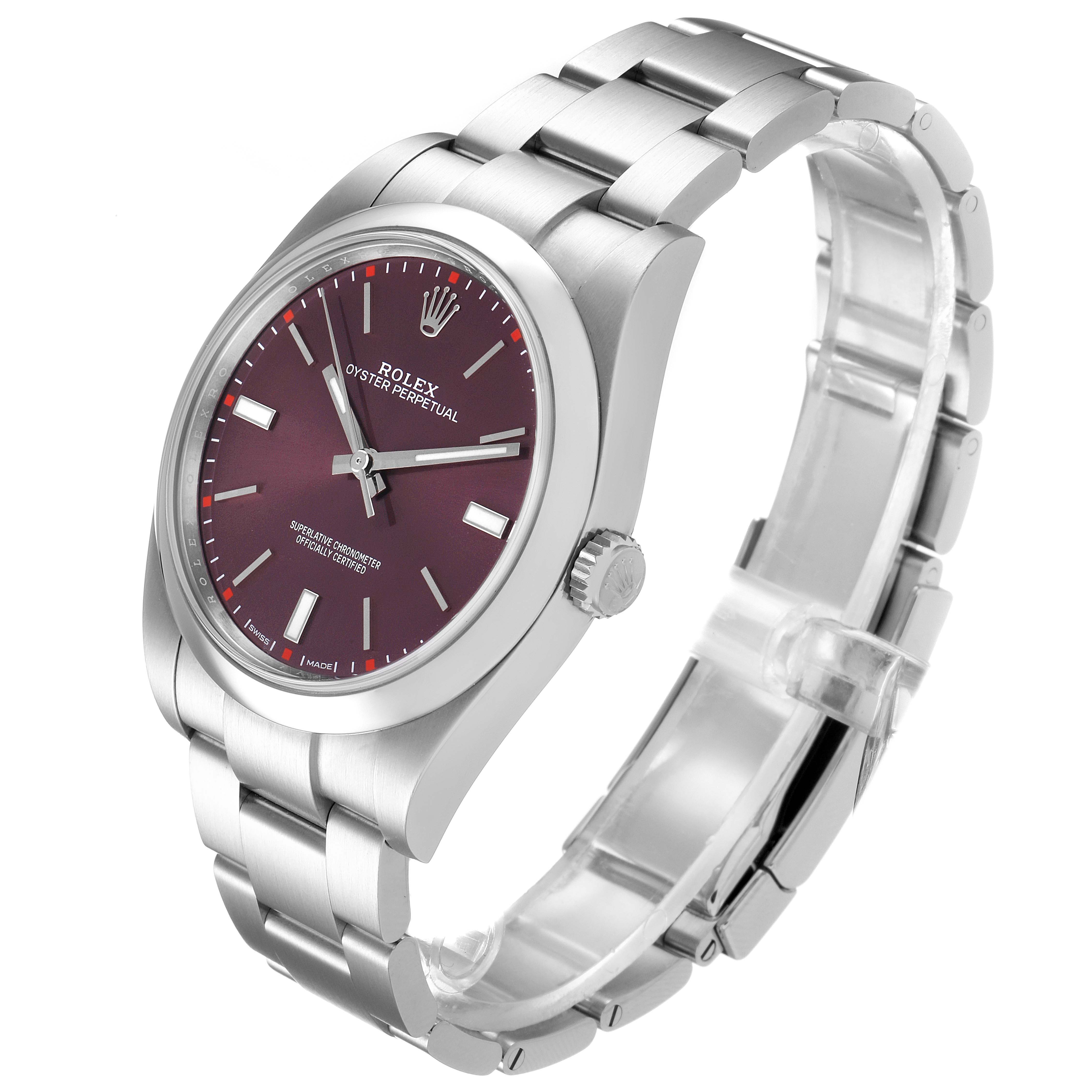 The image shows a side angle of a Rolex Oyster Perpetual 114300 Men's Stainless Steel Burgundy Dial 114300 Men's Stainless Steel Burgundy Dial watch, highlighting the face, bezel, crown, case, and bracelet.