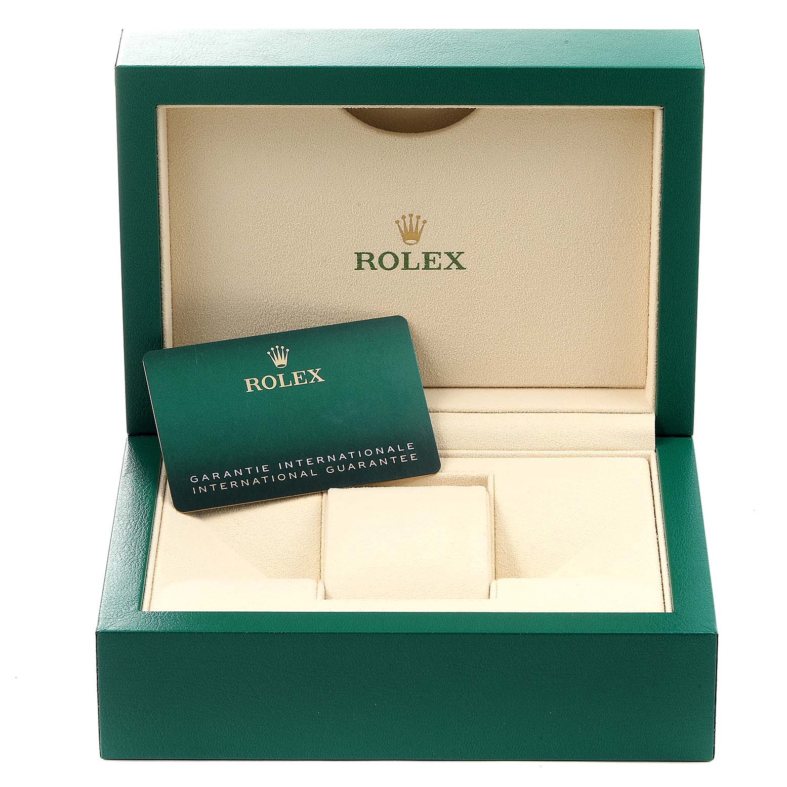 The image shows an empty Rolex Oyster Perpetual 114300 Men's Stainless Steel Burgundy Dial 114300 Men's Stainless Steel Burgundy Dial watch case with a warranty card inside.