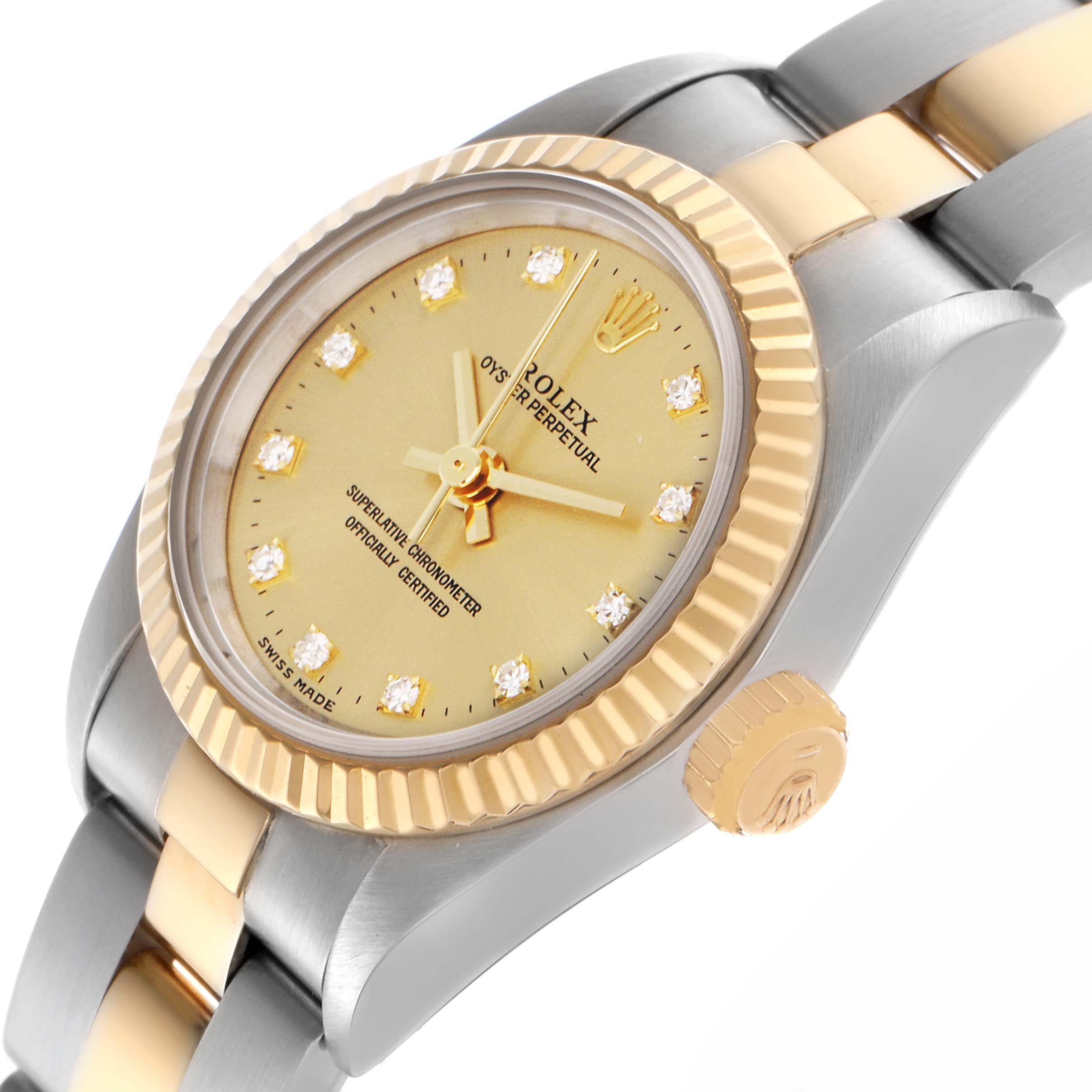 The Rolex Oyster Perpetual 67193 Women's Steel and Gold (two tone) Champagne Dial 67193 Women's Steel and Gold (two tone) Champagne Dial watch is shown at a slight side angle, highlighting the gold and silver bezel, dial, and crown.