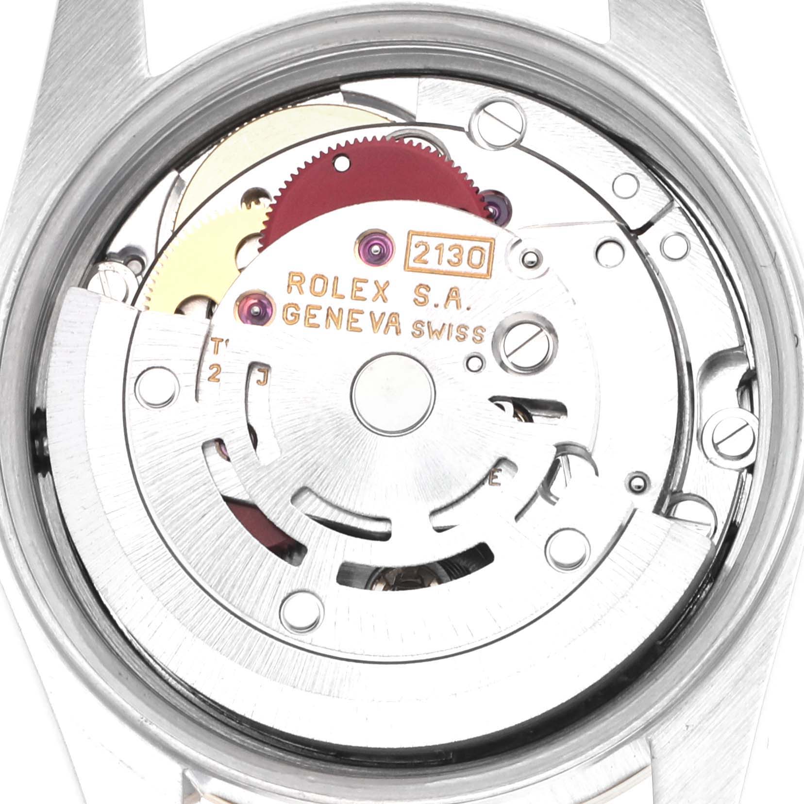 The image shows the movement of a Rolex Oyster Perpetual 67193 Women's Steel and Gold (two tone) Champagne Dial 67193 Women's Steel and Gold (two tone) Champagne Dial watch from a top-down angle.